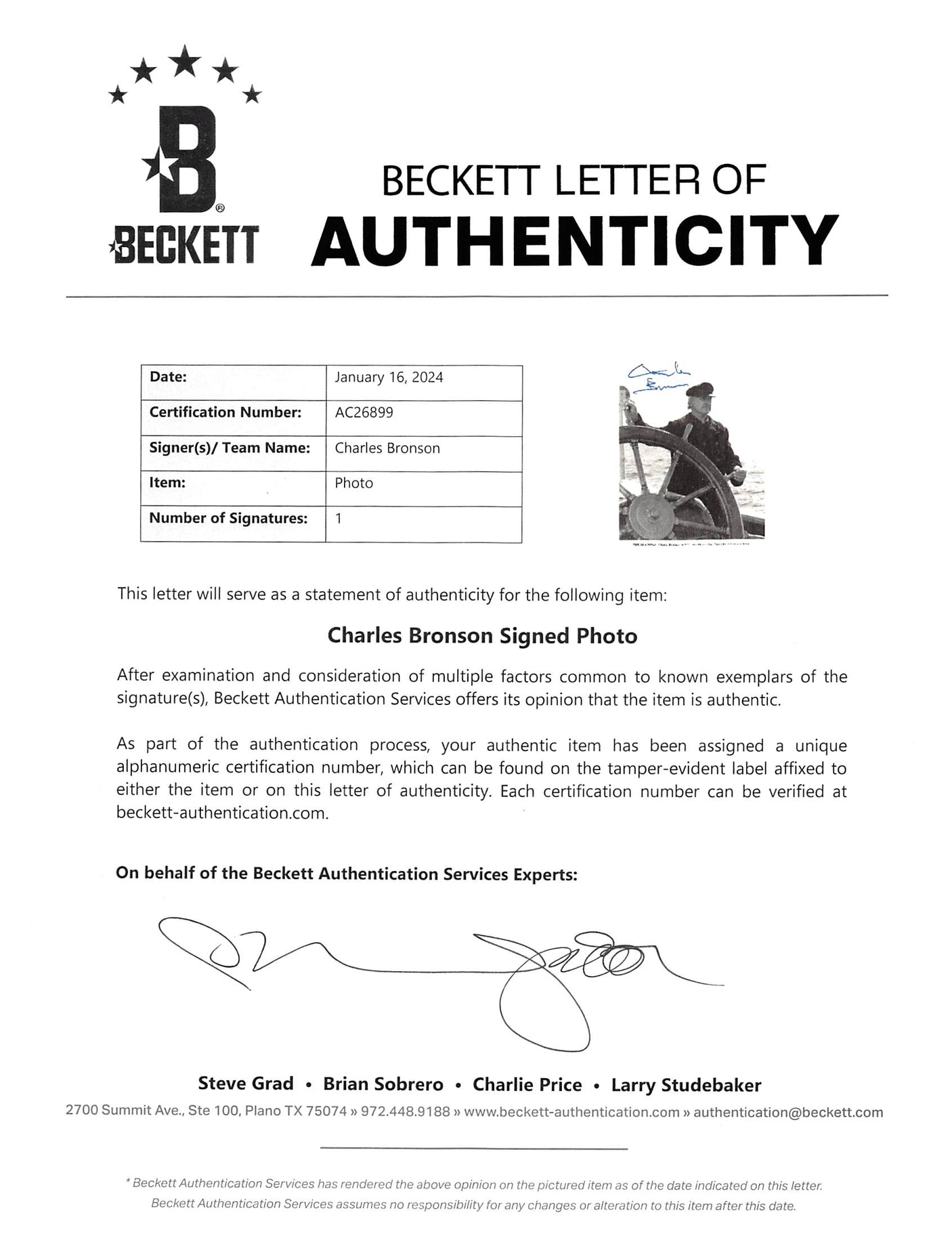 Charles Bronson The Sea Wolf Authentic Signed 8x10 Photo BAS #AC26899