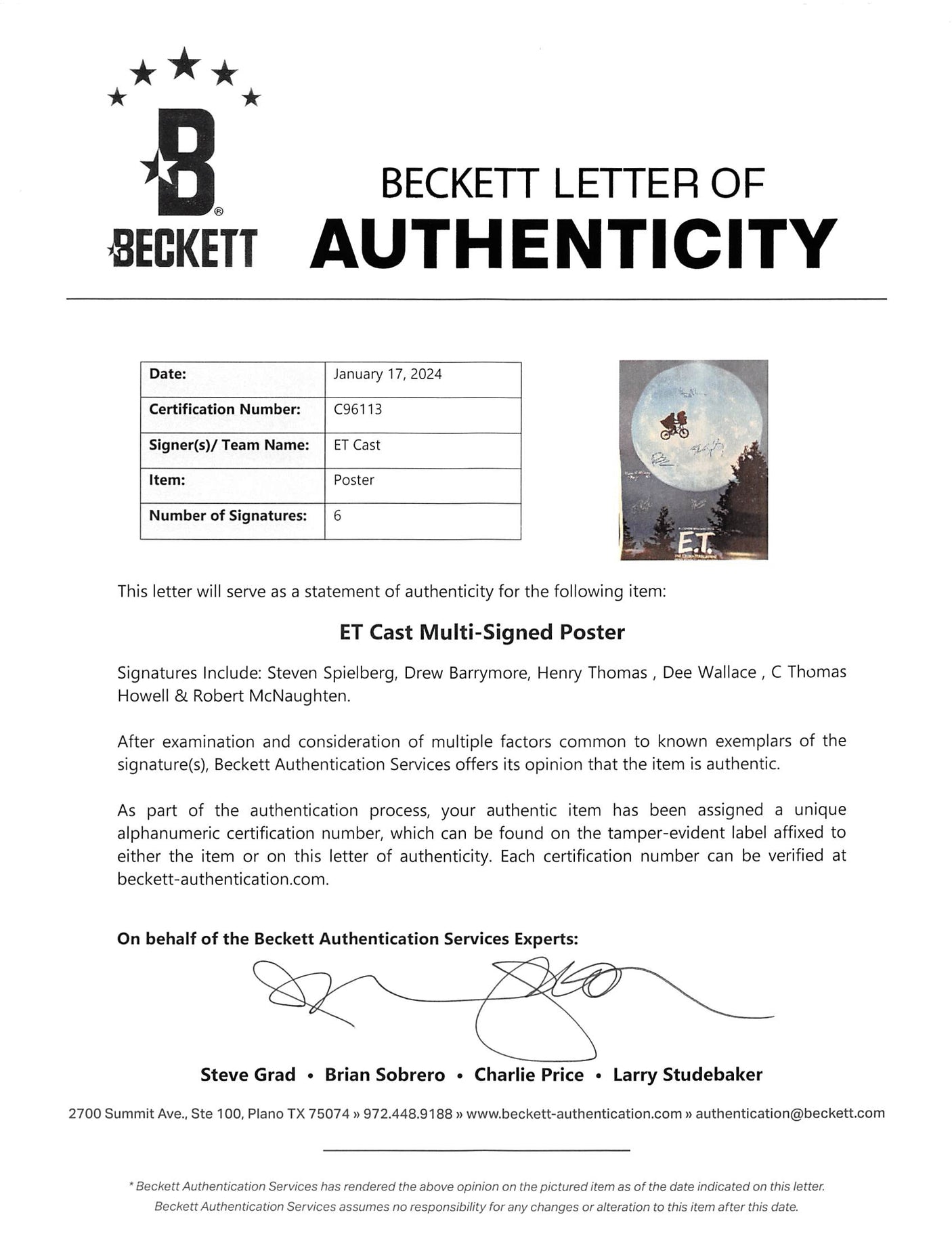 E.T. (6) Spielberg, Barrymore Signed 26.5x38.5 Linen Backed Poster BAS #C96113