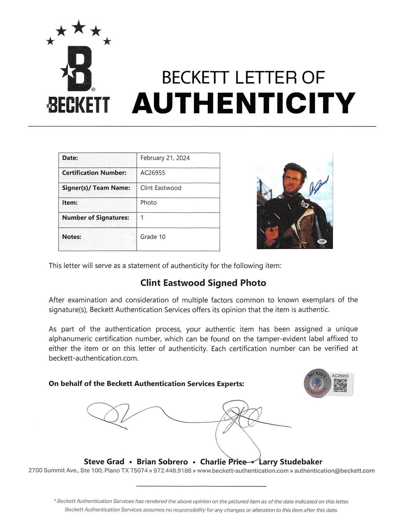 Clint Eastwood Good, the Bad & the Ugly Signed 8x10 Photo Auto 10! BAS #AC26955