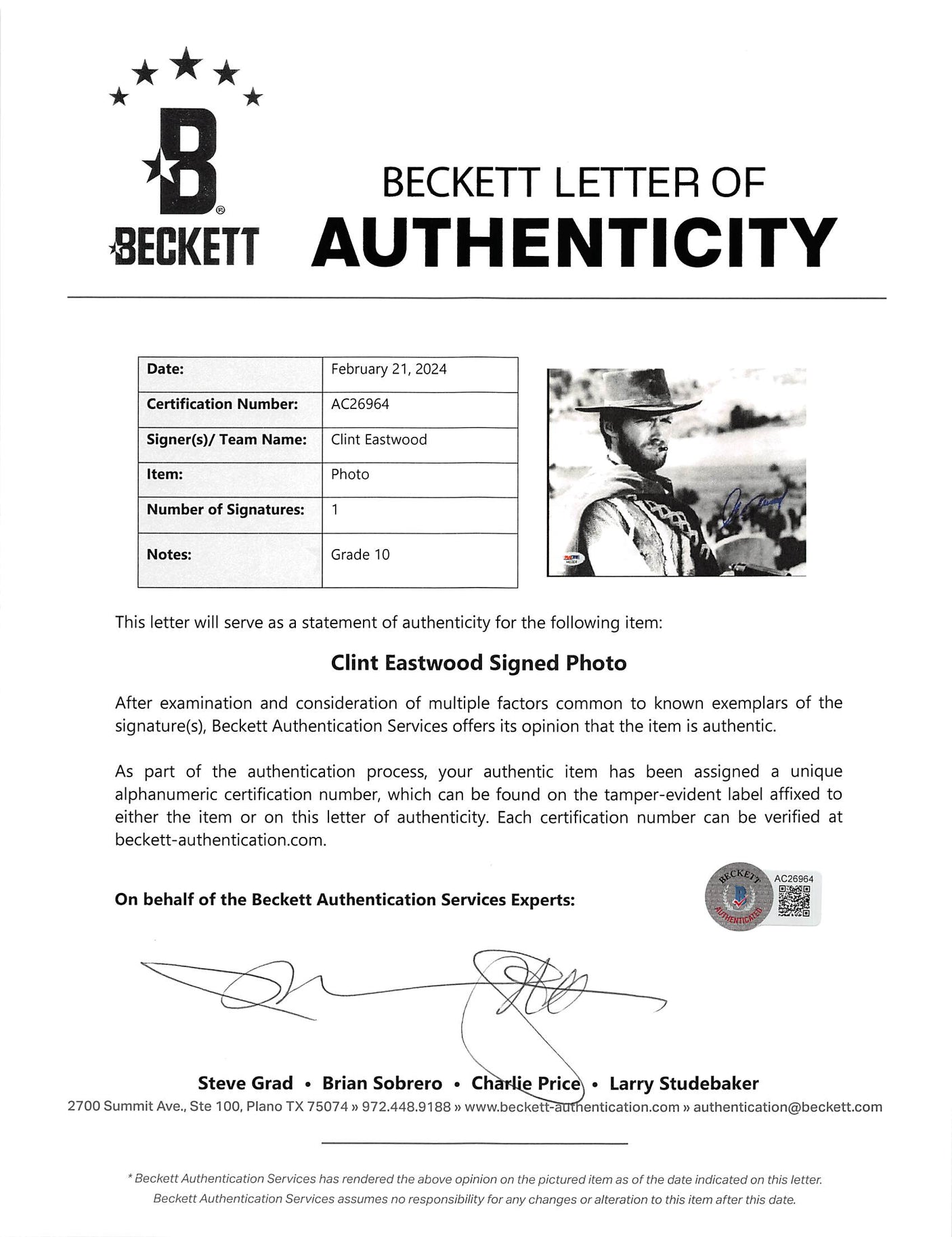 Clint Eastwood Good, the Bad & the Ugly Signed 8x10 Photo Auto 10! BAS #AC26964