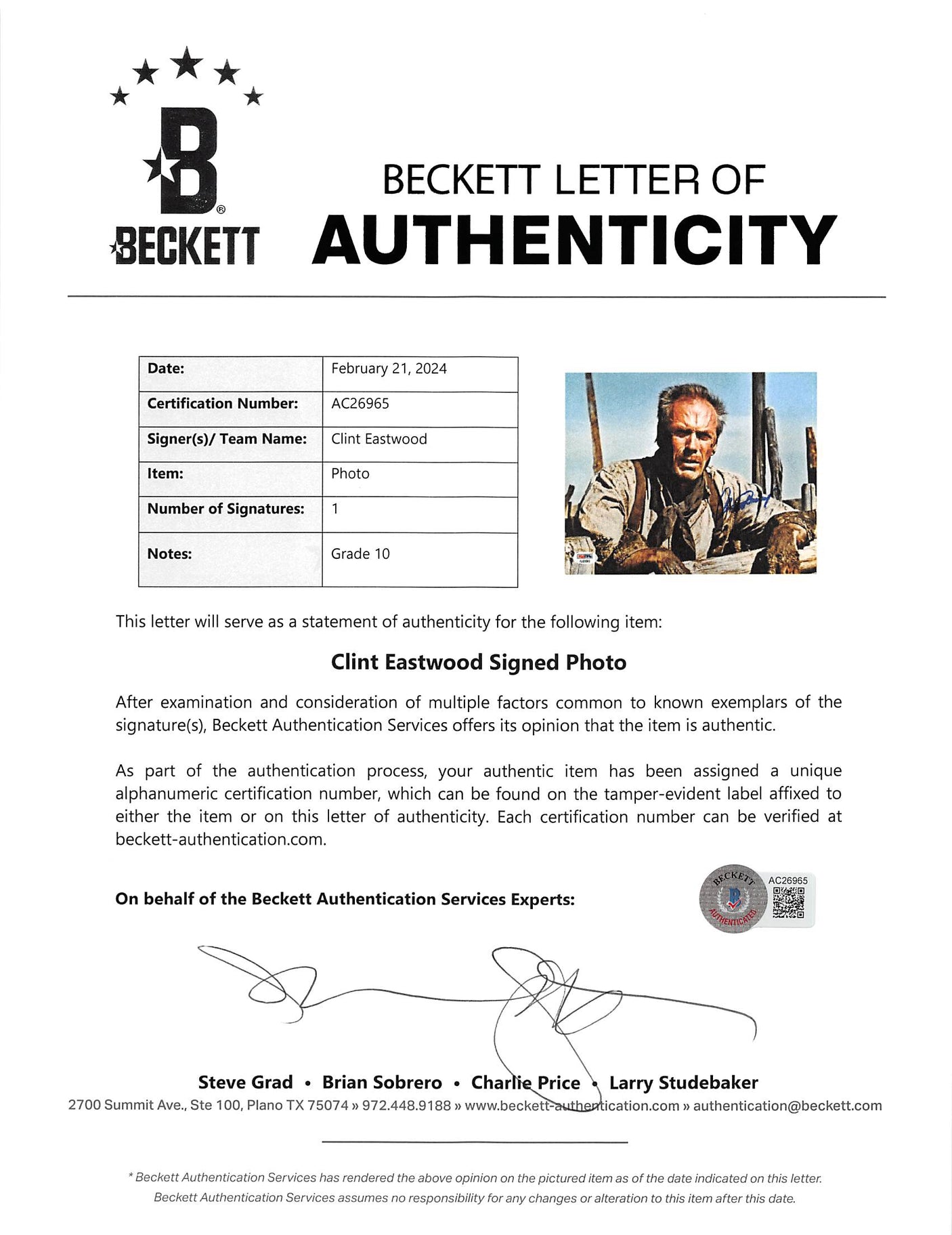 Clint Eastwood Unforgiven Authentic Signed 8x10 Photo Auto 10! BAS #AC26965