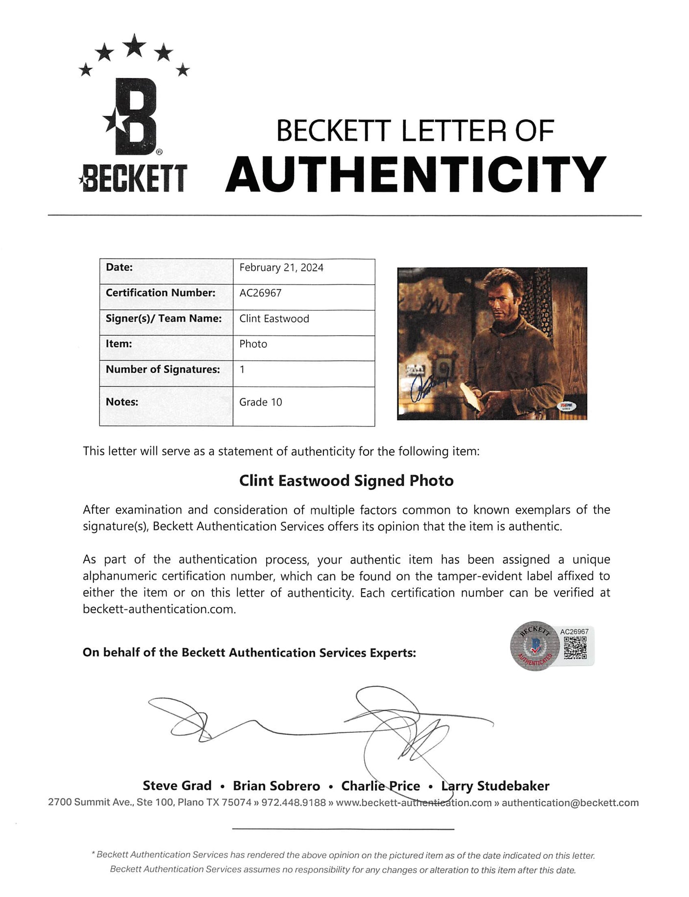 Clint Eastwood Hang 'Em High Authentic Signed 8x10 Photo Auto 10! BAS #AC26967