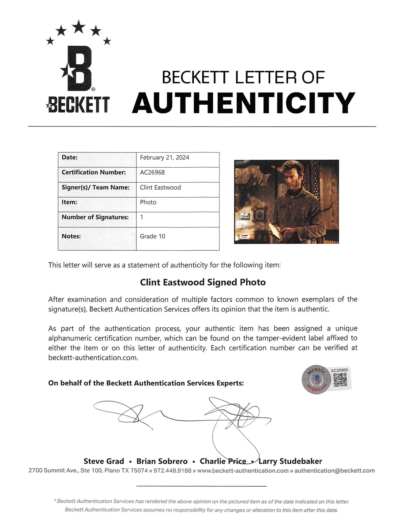 Clint Eastwood Hang 'Em High Authentic Signed 8x10 Photo Auto 10! BAS #AC26968