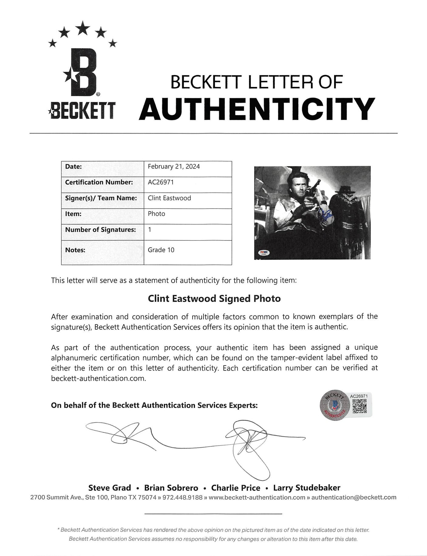 Clint Eastwood Good, the Bad & the Ugly Signed 8x10 Photo Auto 10! BAS #AC26971