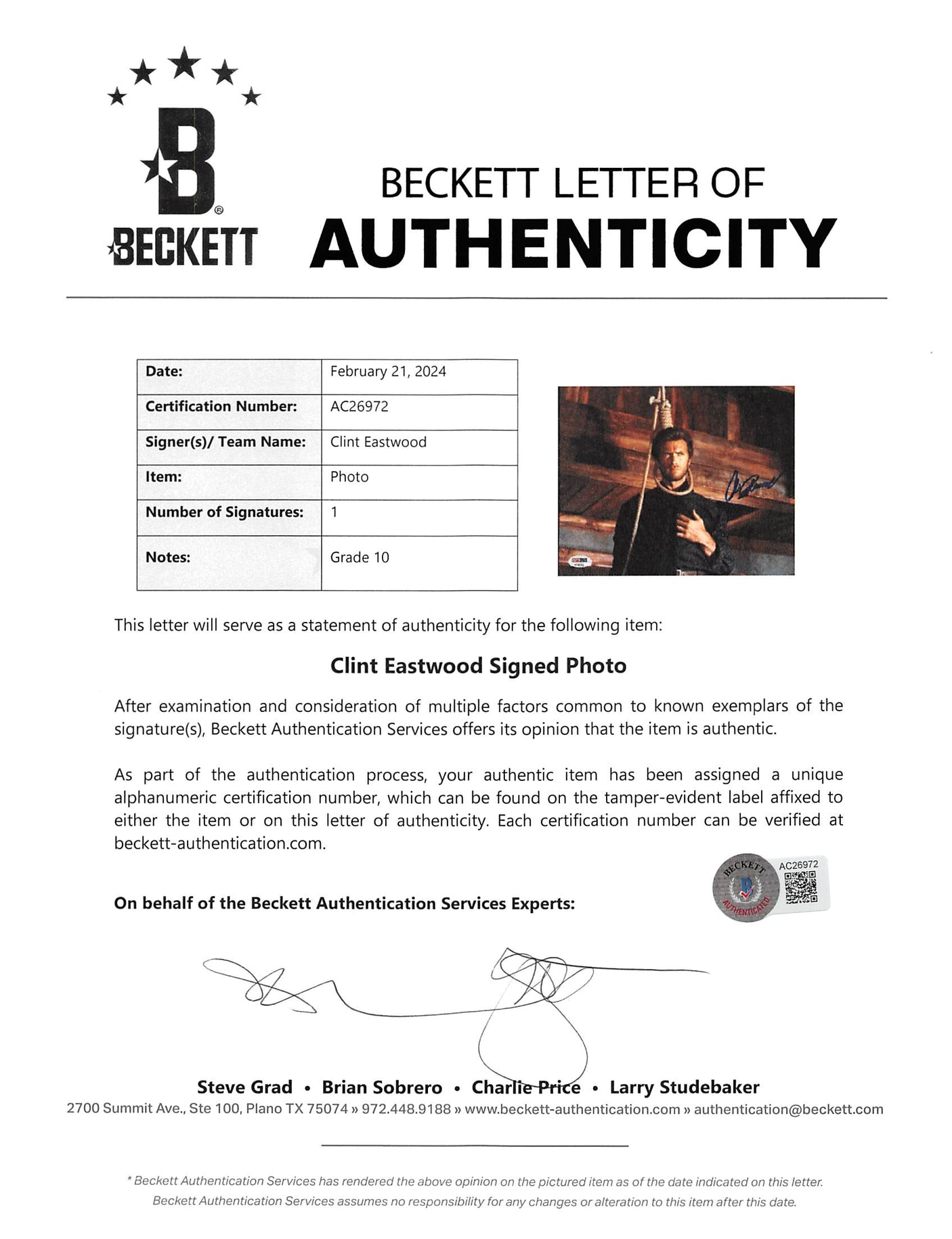 Clint Eastwood Good, the Bad & the Ugly Signed 8x10 Photo Auto 10! BAS #AC26972