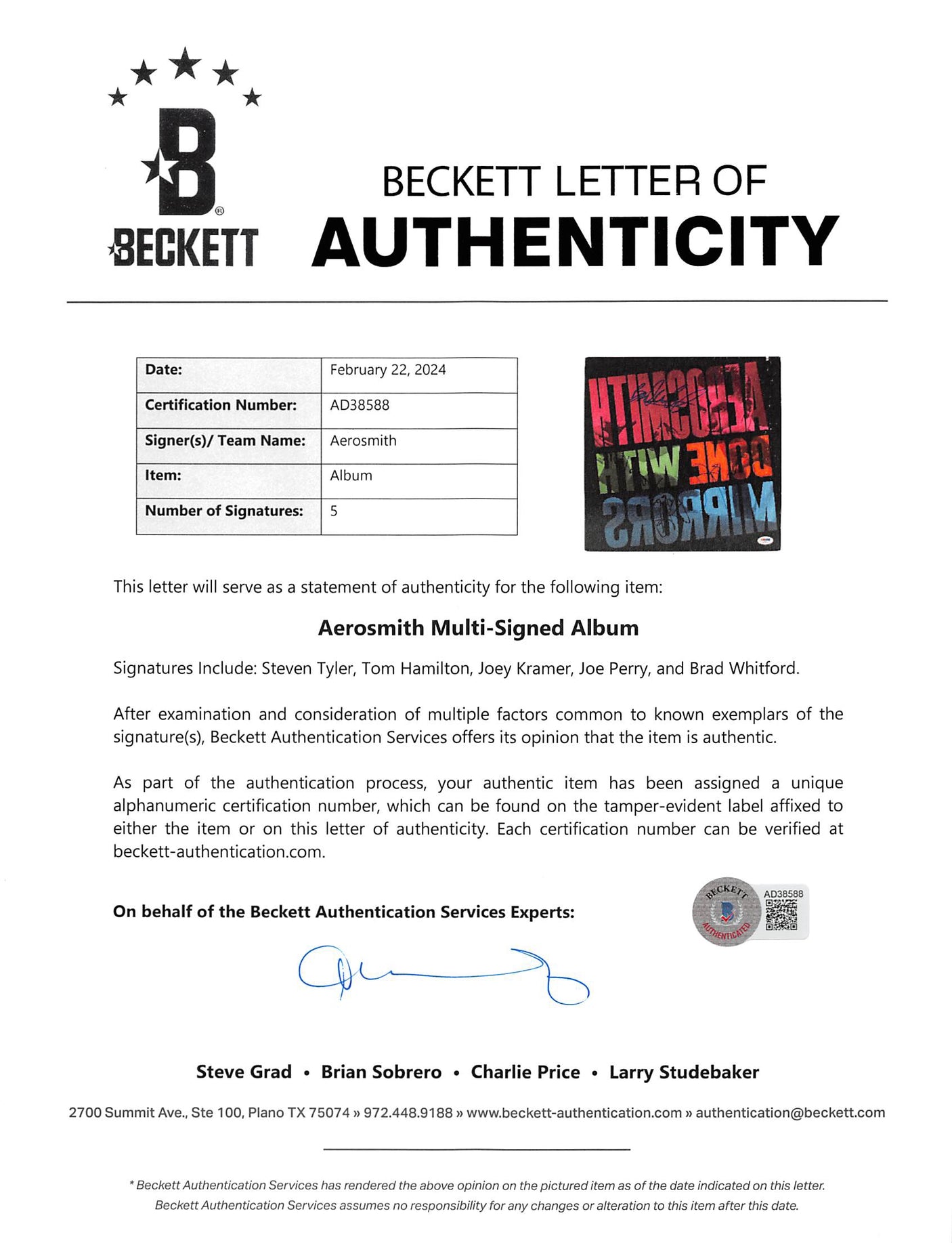 Aerosmith (5) Tyler, Perry +3 Signed Done With Mirrors Album Cover BAS #AD38588