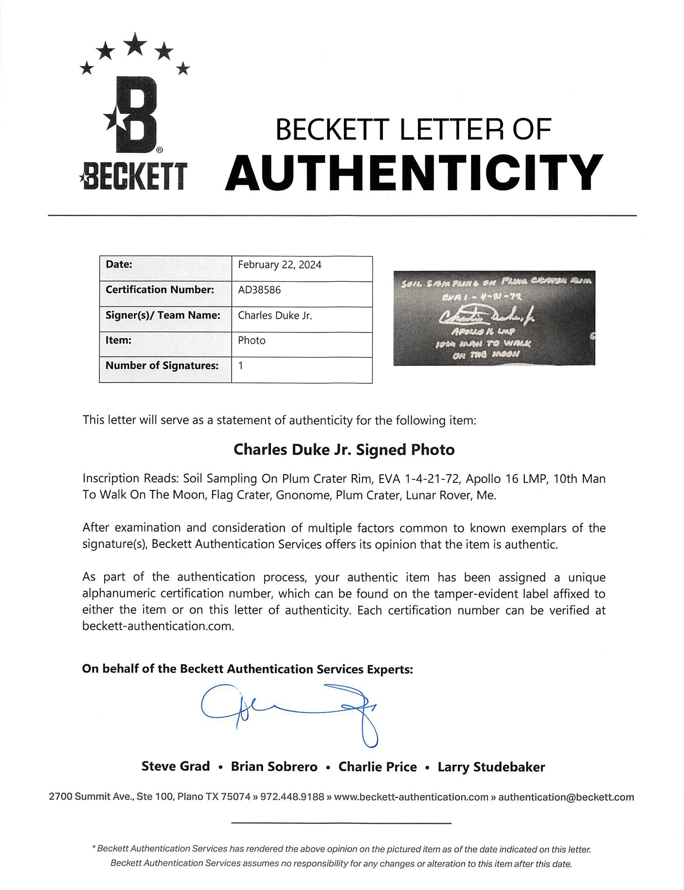 Charles Duke Apollo 16 "Plum Crater Rim" Signed 12x35 Photo BAS #AD38586