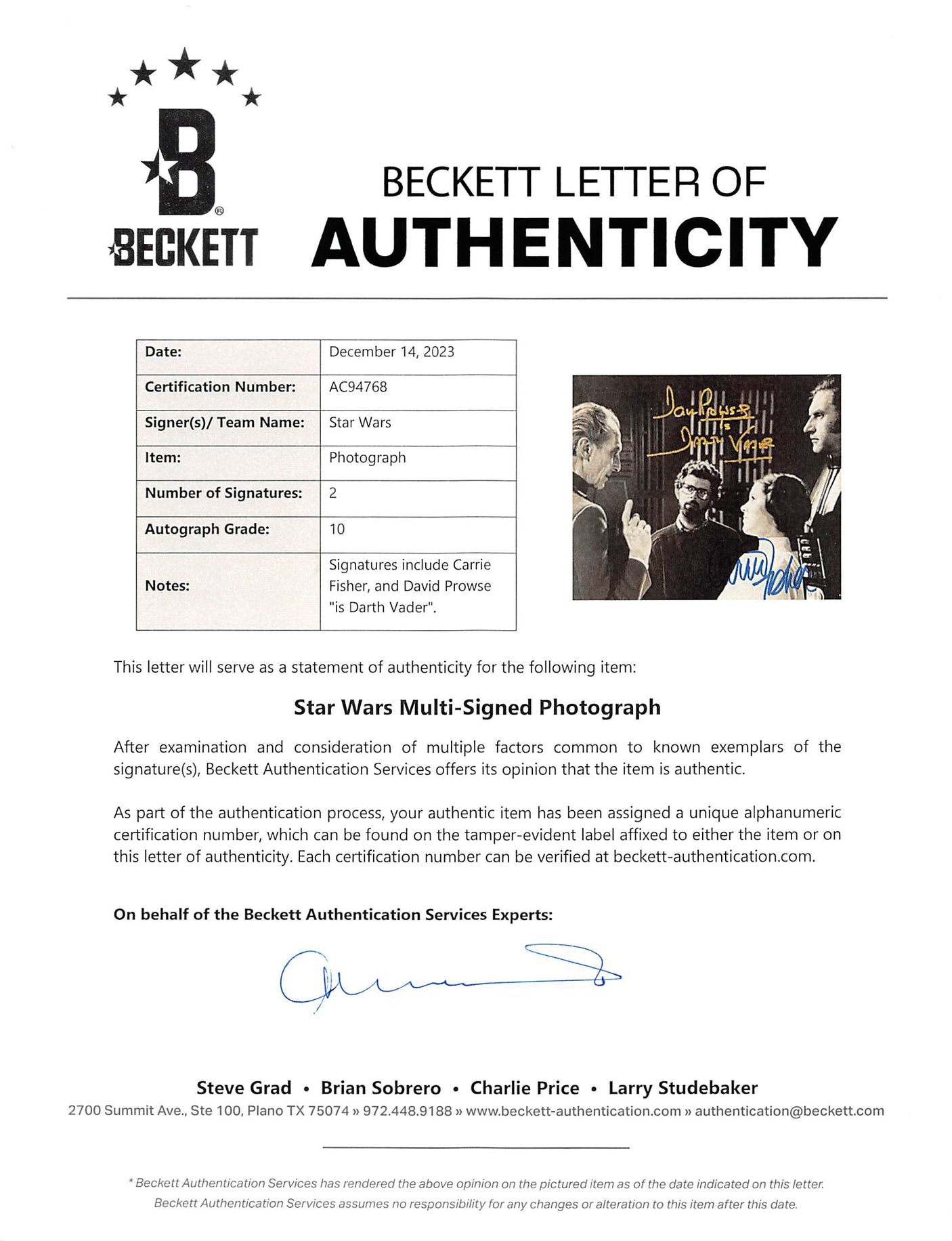 Carrie Fisher & David Prowse Star Wars Signed 8x10 Photo Auto 10! BAS #AC94768