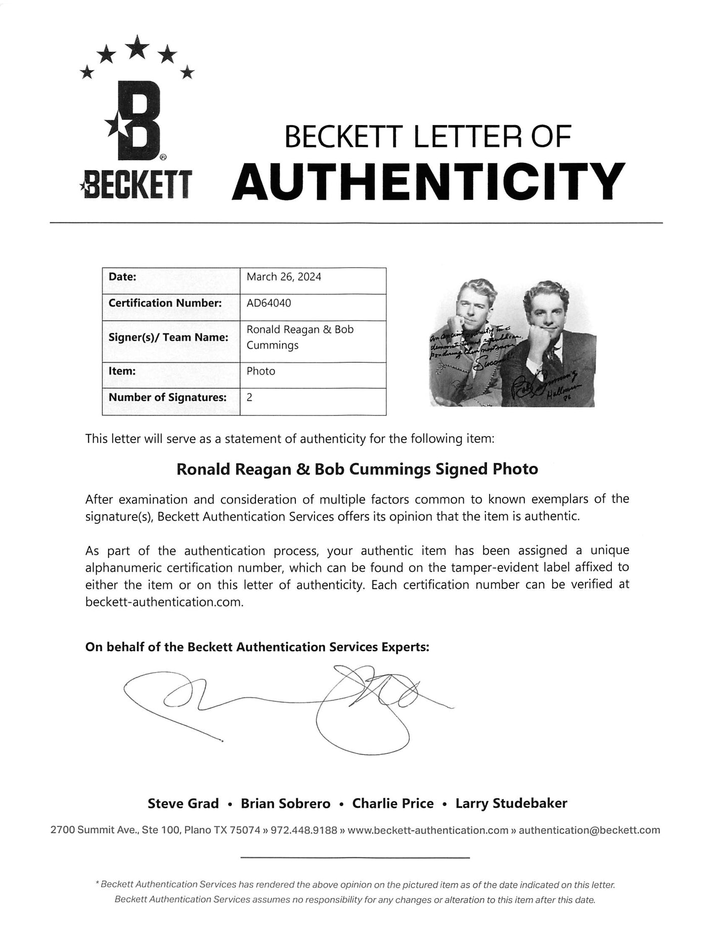 Ronald Reagan & Bob Cummings w/ Insc Authentic Signed 8x10 Photo BAS #AD64040