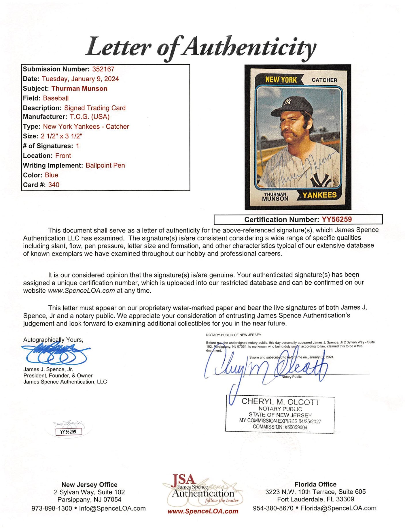 Yankees Thurman Munson Authentic Signed 1974 Topps #340 Card BAS Slabbed & JSA