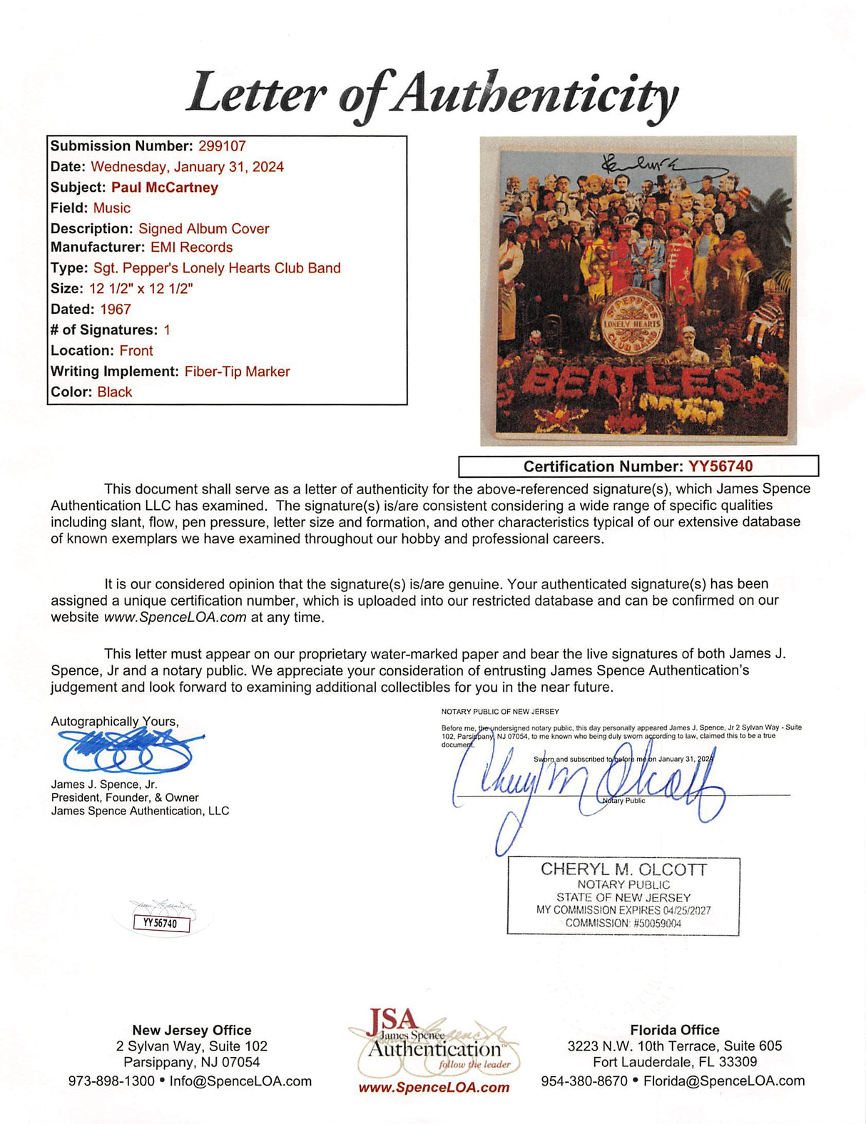 Paul McCartney Beatles Signed Sgt. Pepper's Album Cover W/ Vinyl JSA #YY56740