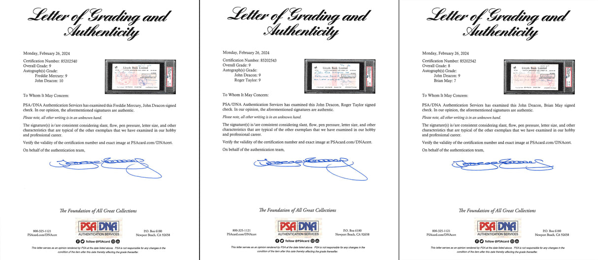 Queen (4) Mercury, May, Deacon, Taylor Signed 1976 Bank Set Of 3 Checks PSA Slab