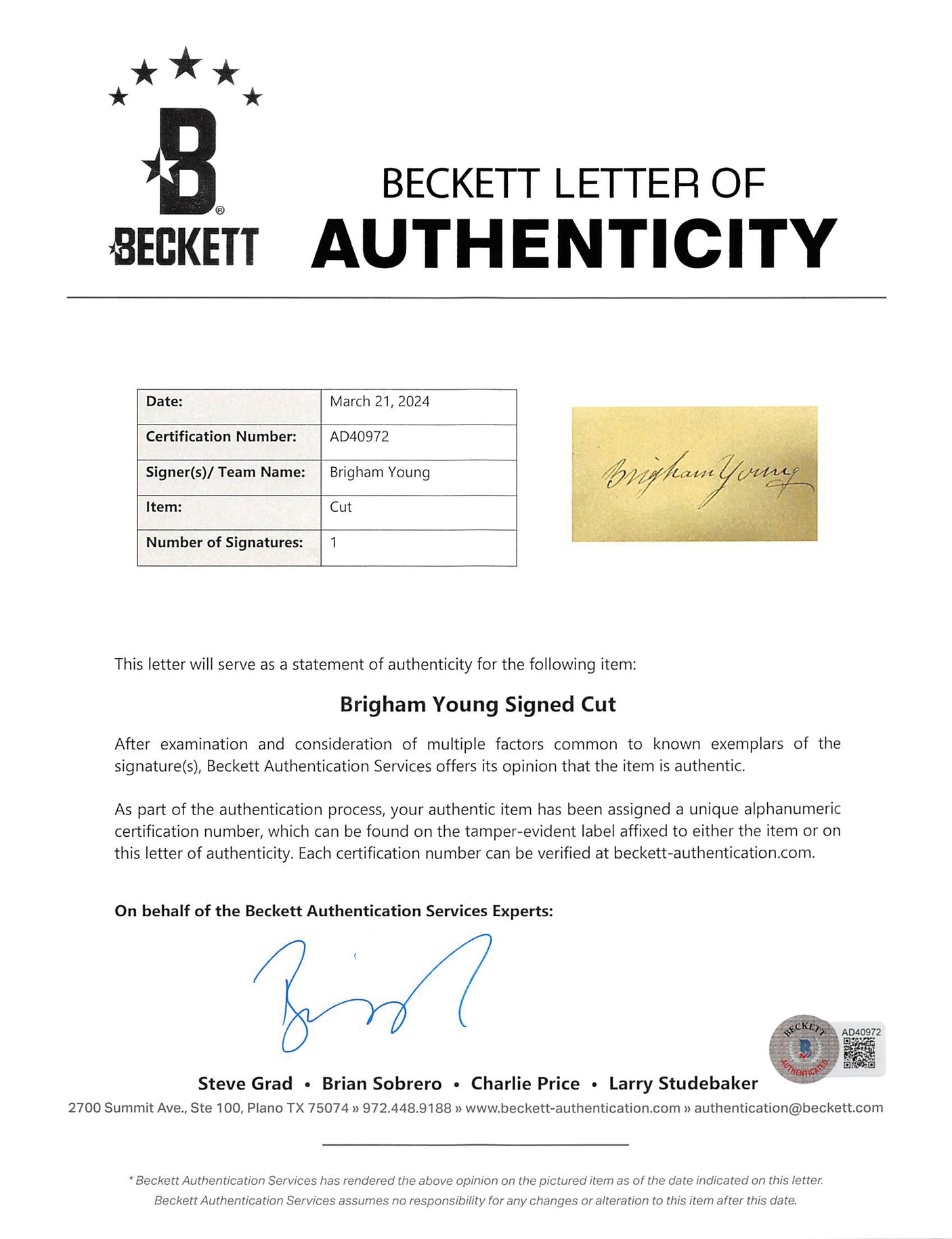 Brigham Young Authentic Signed & Framed 2x3.65 Cut Signature BAS #AD40972