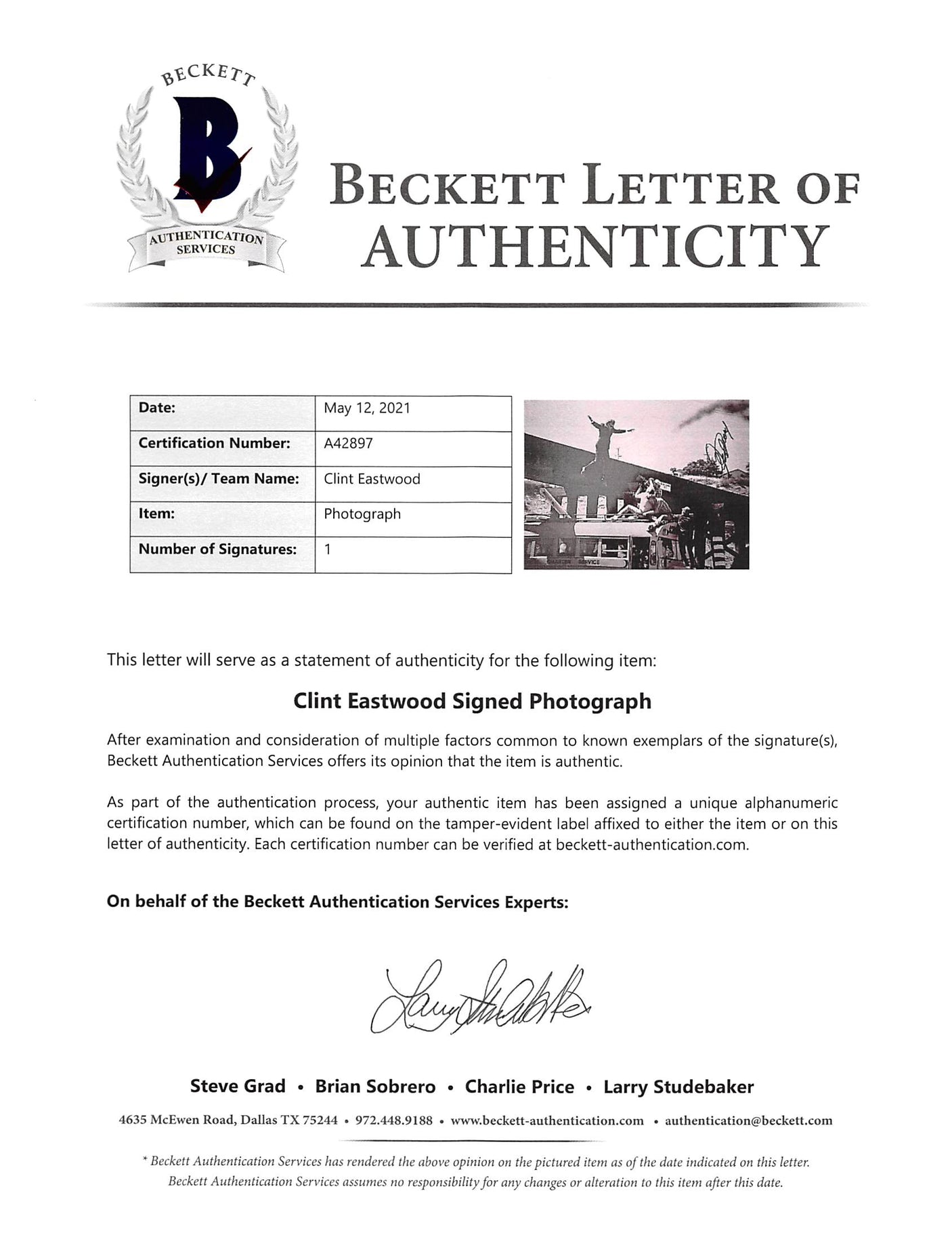 Clint Eastwood Dirty Harry Authentic Signed 16x20 B&W Photo BAS #A42897