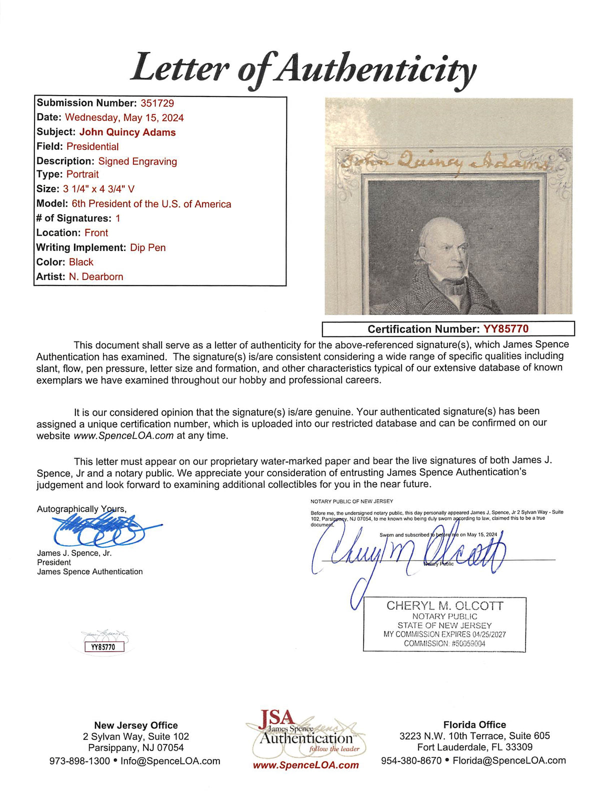John Quincy Adams Authentic Signed 3.25x4.5 Engraving Photo JSA #YY85770
