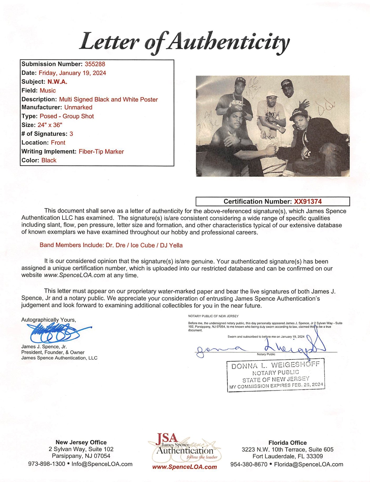 Dr. Dre, Ice Cube & DJ Yella N.W.A Authentic Signed 24x36 Photo JSA #XX91374