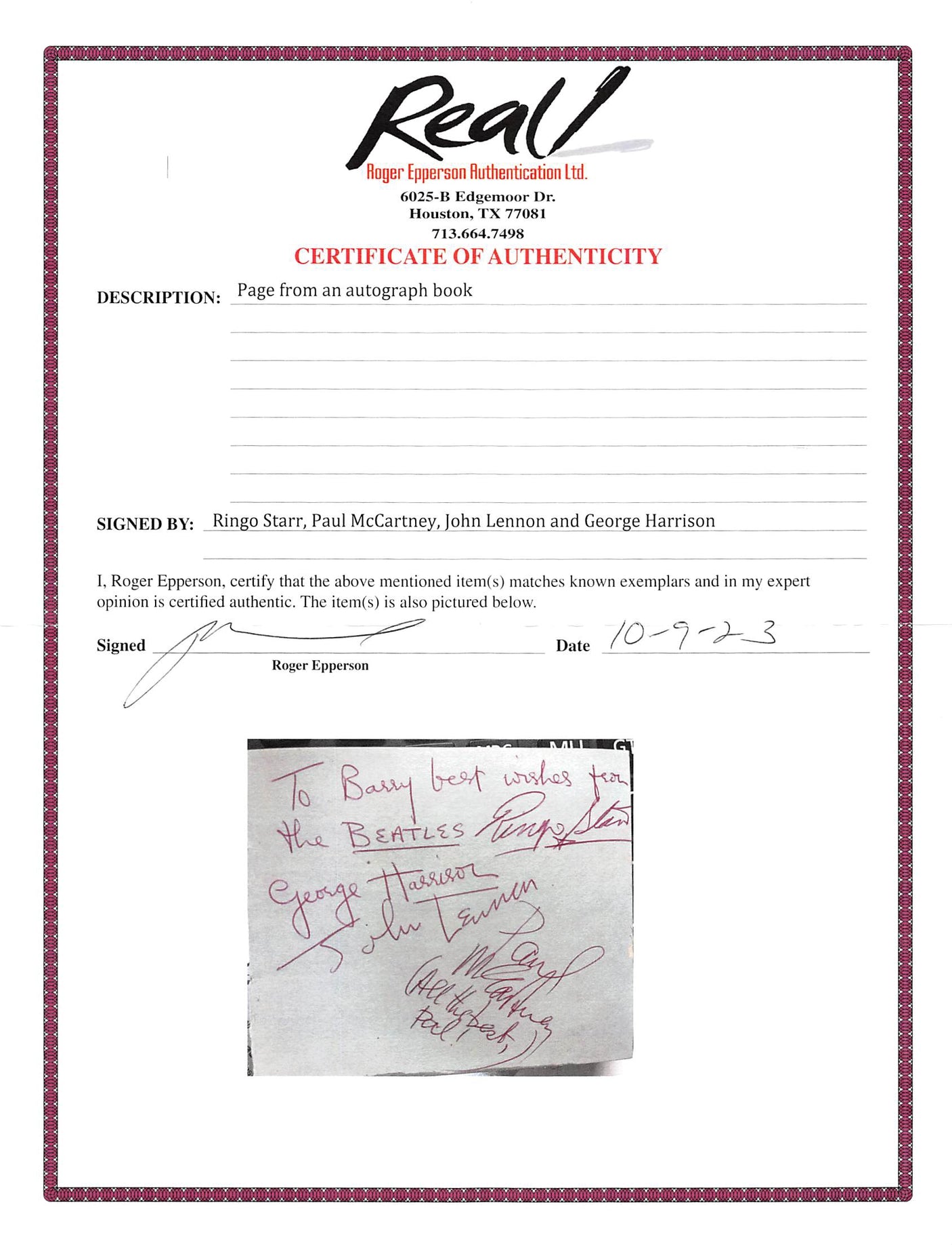 (4) Lennon, McCartney, Harrison & Starr Signed 3.85x4.5 Cut Sig Auto 10 BAS Slab