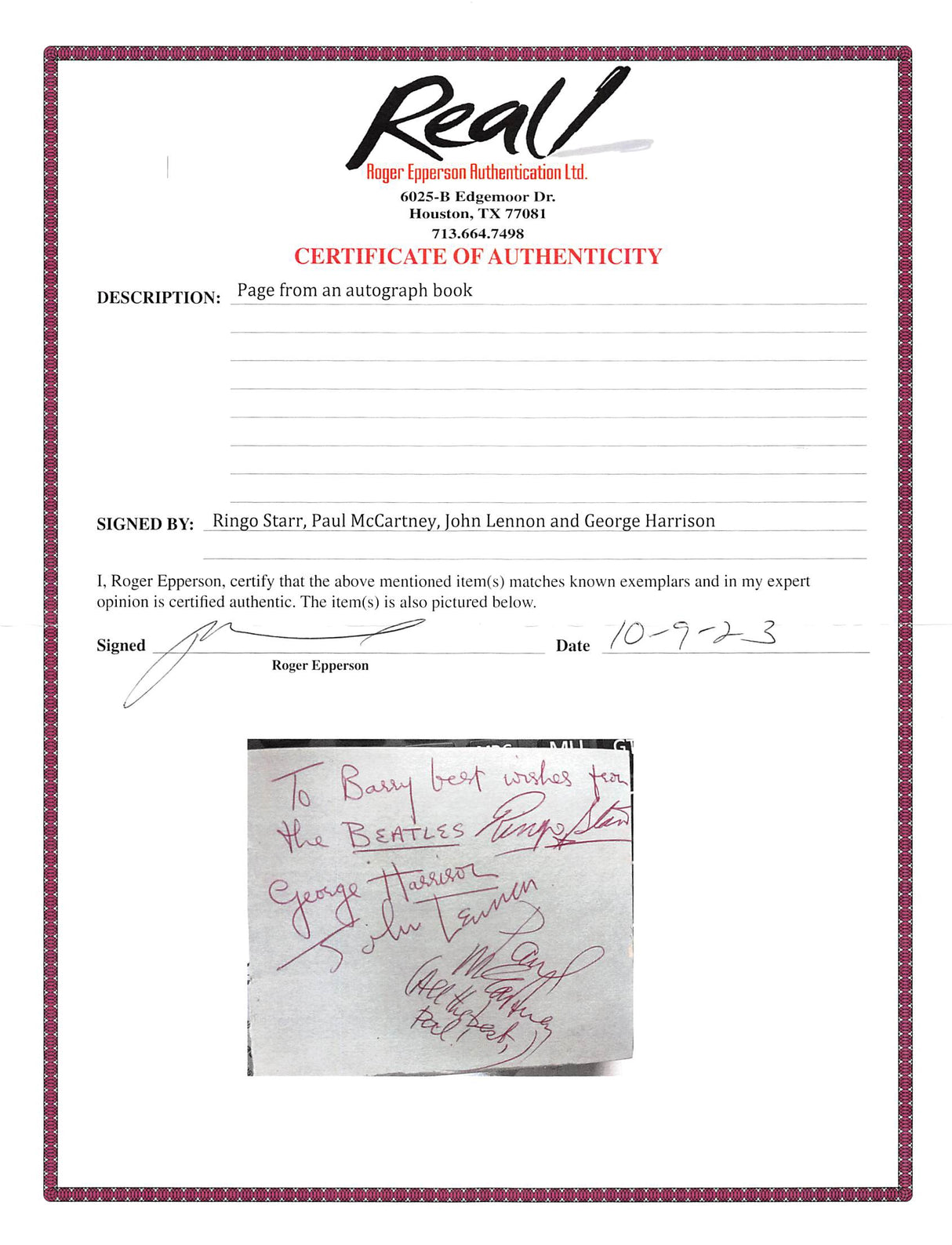 (4) Lennon, McCartney, Harrison & Starr Signed 3.85x4.5 Cut Sig Auto 10 BAS Slab