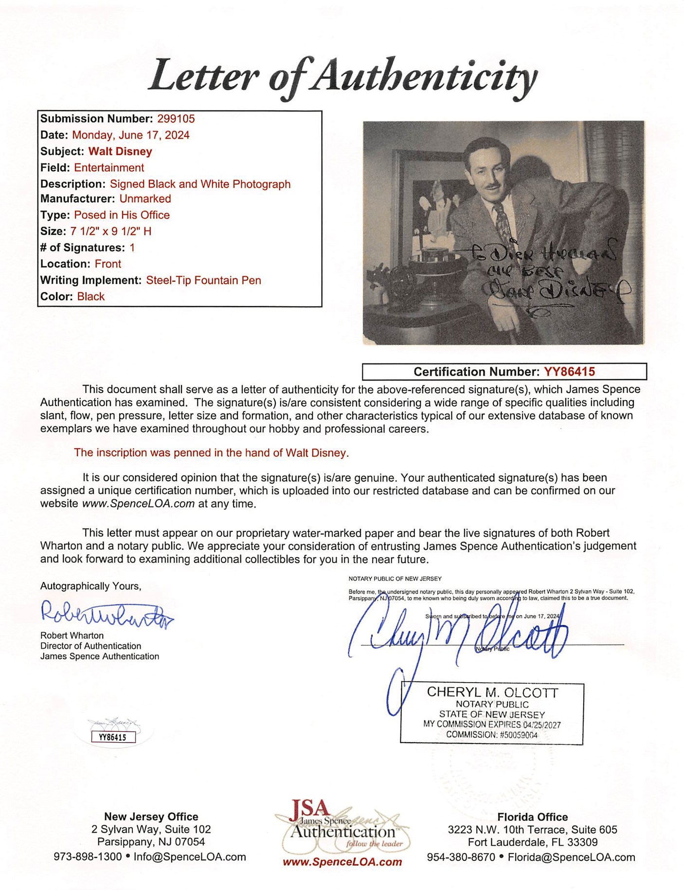 Walt Disney My Best Authentic Signed Black & White 7.5x9.5 Photo JSA #YY86415