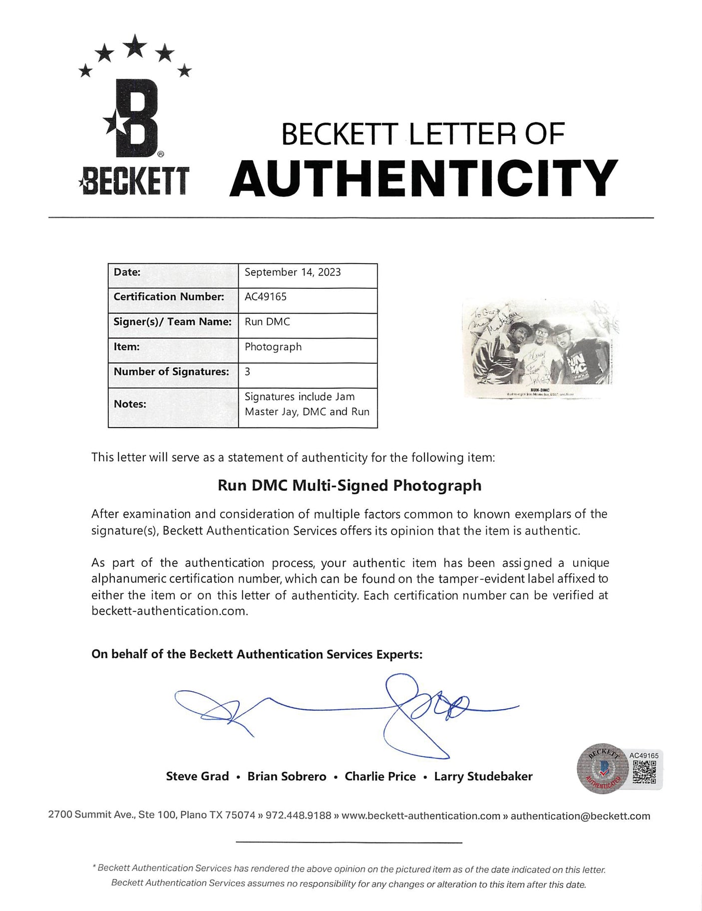 Run DMC (3) Jam Master Jay, DMC & Run Authentic Signed 5.5x8.5 Photo BAS Slabbed