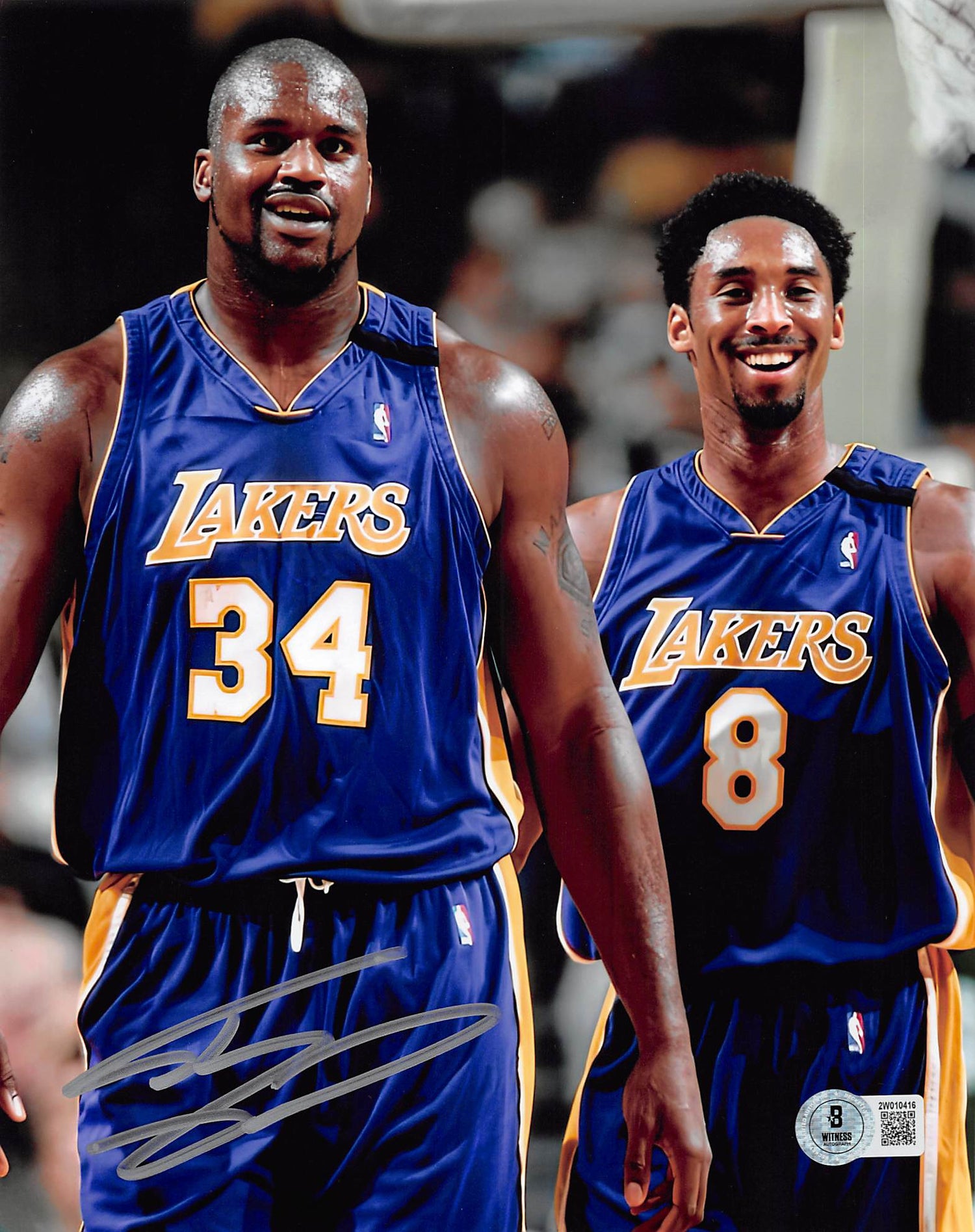 Lakers Shaquille O'Neal Signed 8x10 Vertical Purple Jersey w/ Kobe Photo BAS Wit