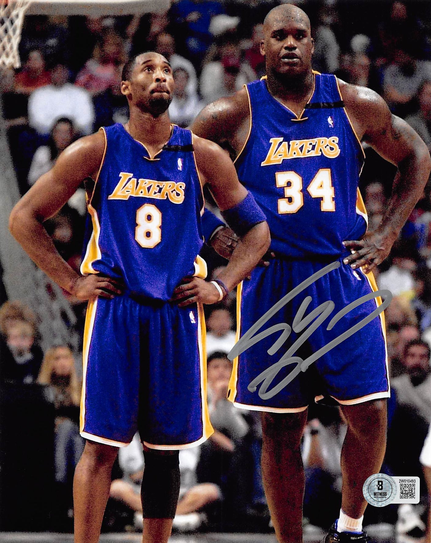 Lakers Shaquille O'Neal Signed 8x10 Vertical Purple Jersey Photo BAS Witnessed