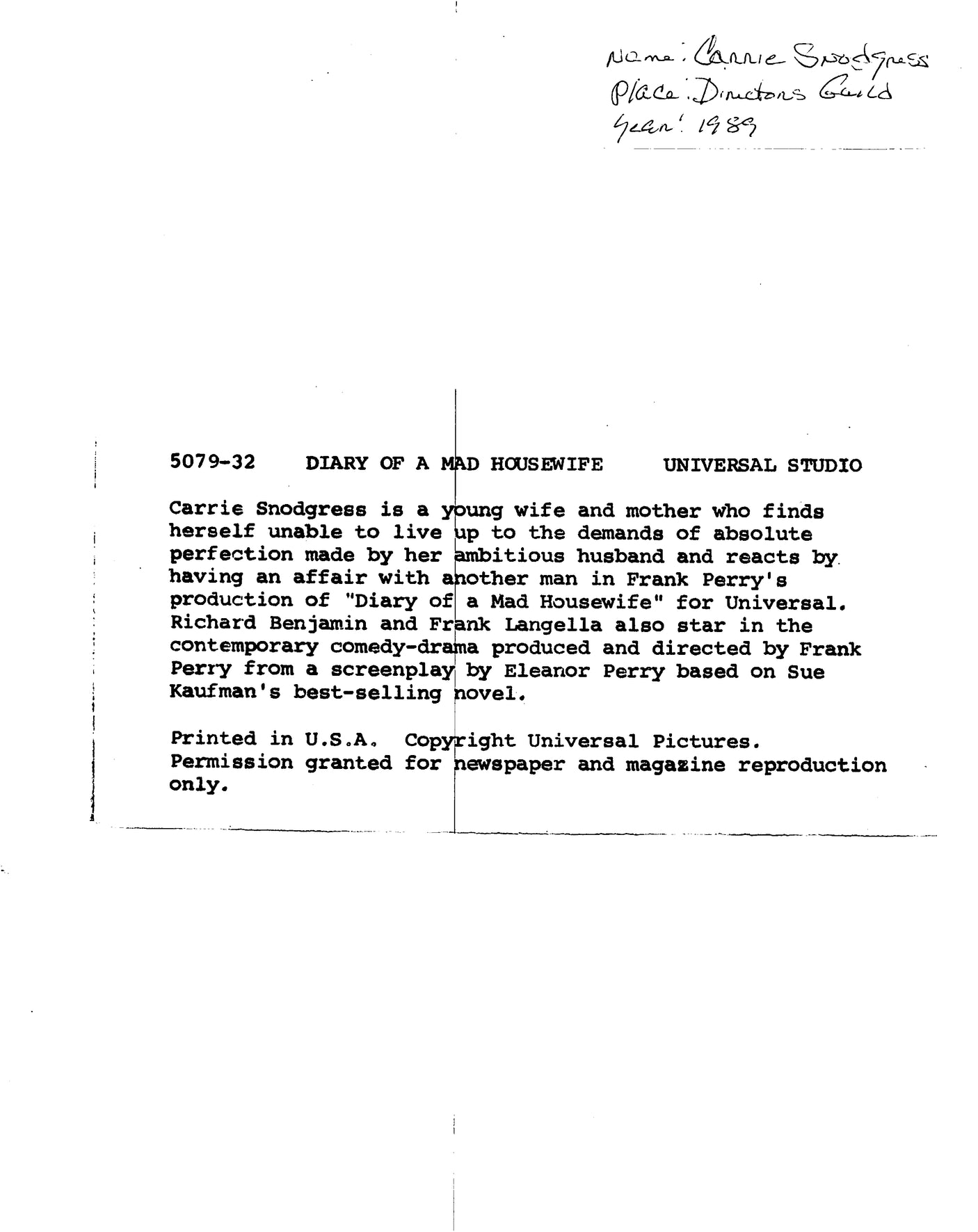 Carrie Snodgress Diary of a Mad Housewife Signed 8x10 Photo BAS #BN29113