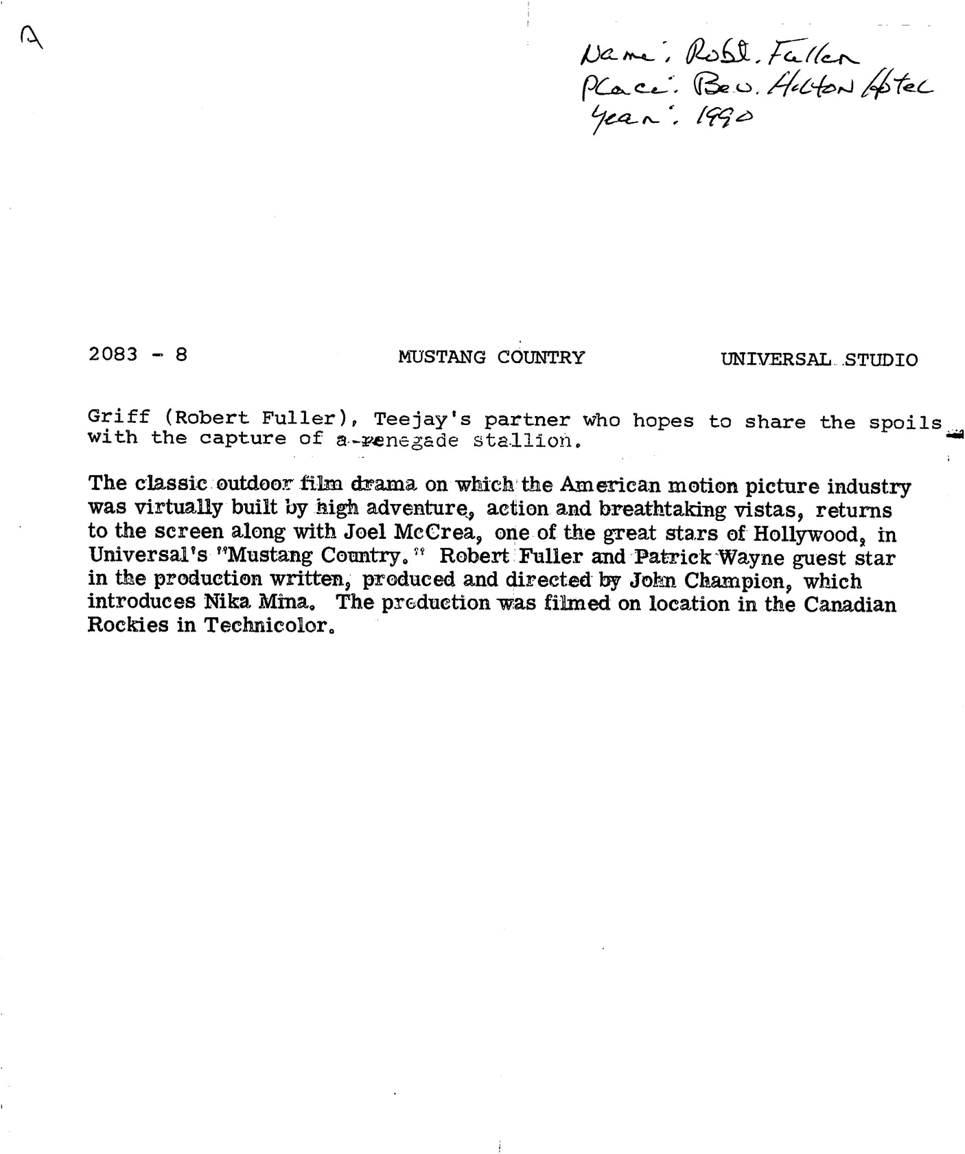 Robert Fuller Mustang Country Authentic Signed 8x9.5 Photo BAS #BN29212