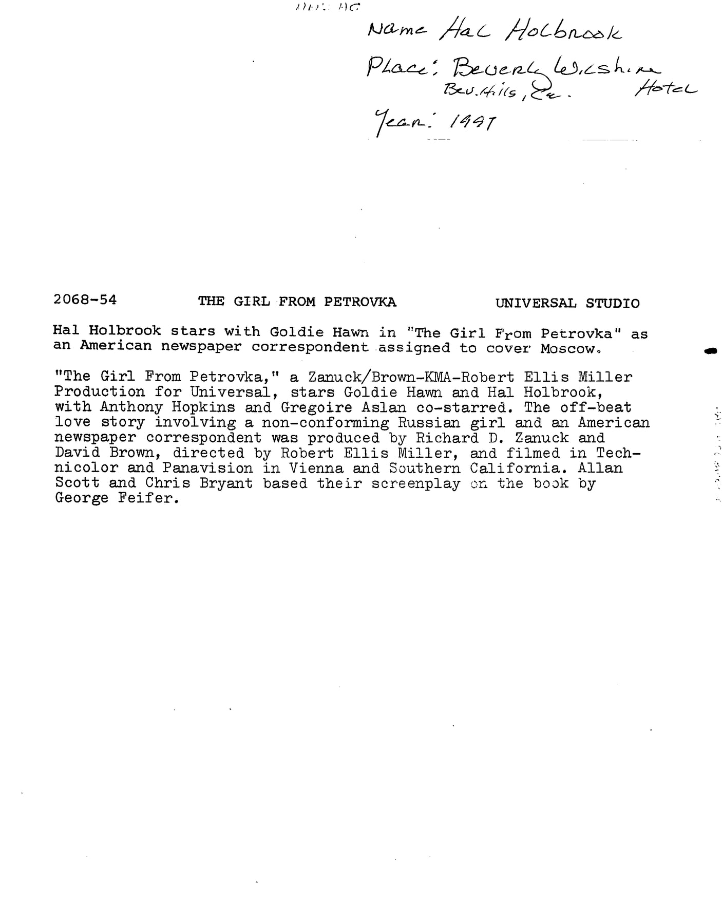 Hal Holbrook The Girl from Petrovka Authentic Signed 8x10 Photo BAS #BN74314