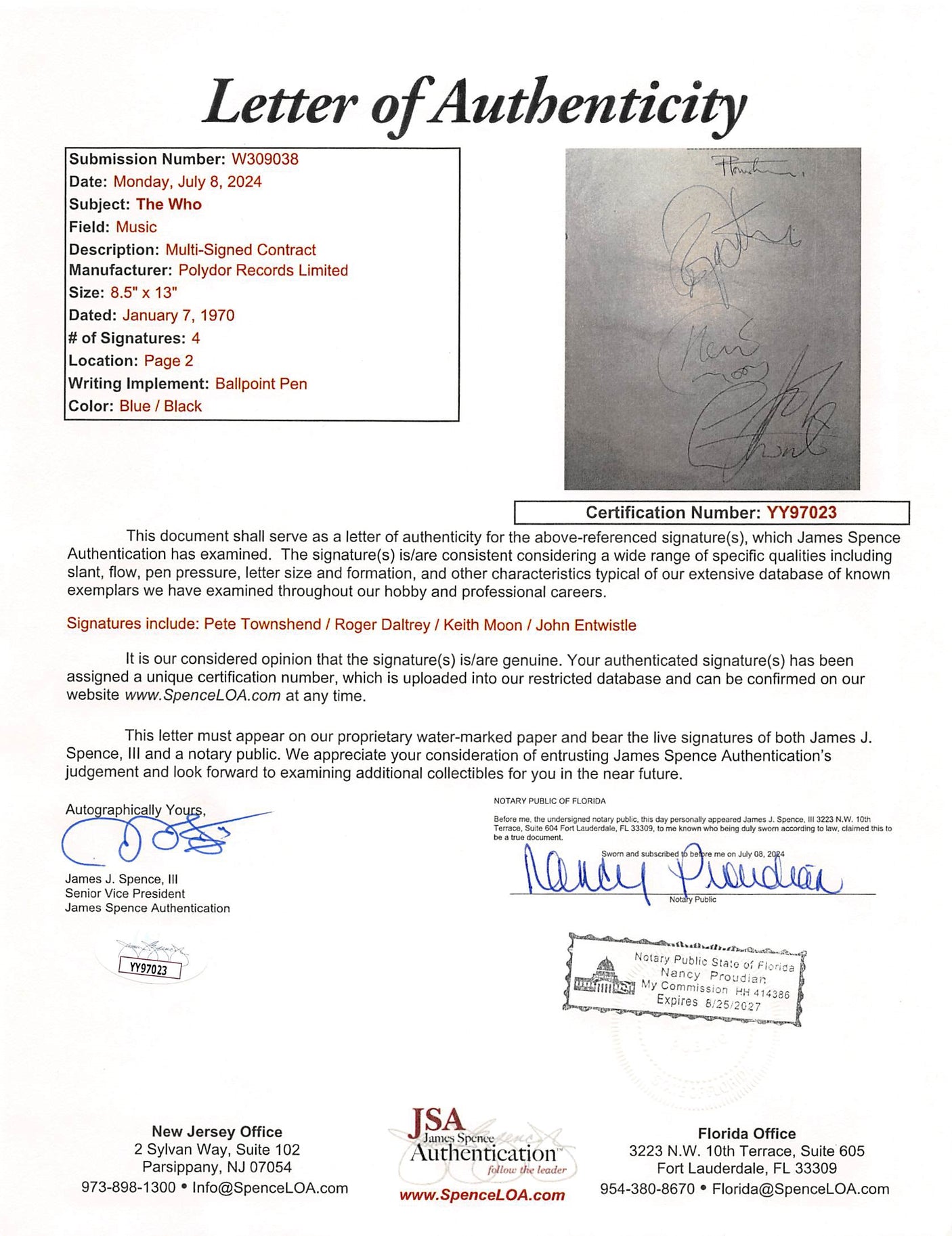 The Who (4) Townshend, Moon, Daltrey & Entwistle Signed Contract Addendum JSA