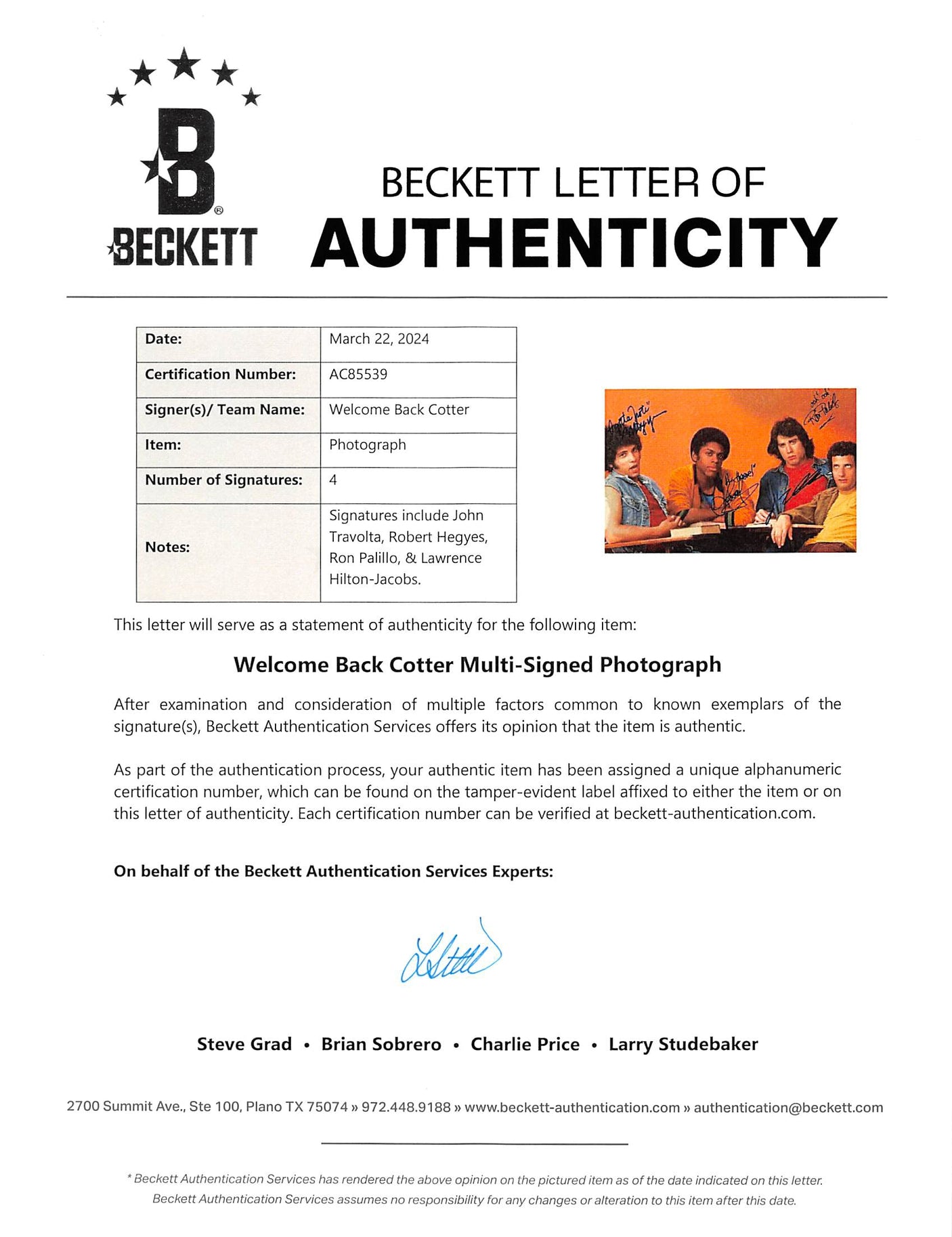 Welcome Back, Kotter (4) Travolta, Hegyes, Palillo +1 Signed 10x12.75 Photo BAS