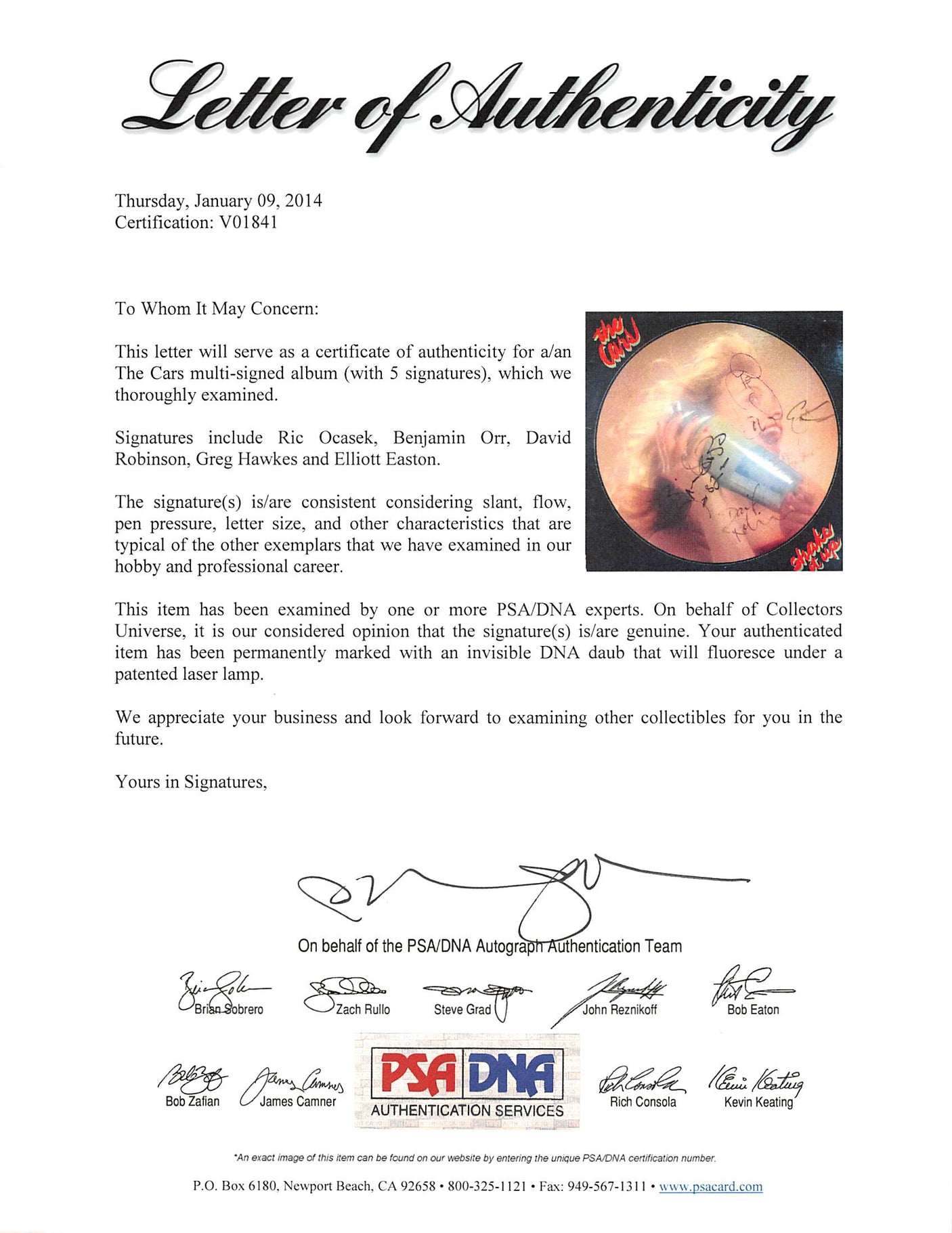 Cars (5) Ocasek,Orr, Robinson, Hawkes & Easton Signed Album Cover W/ Vinyl PSA