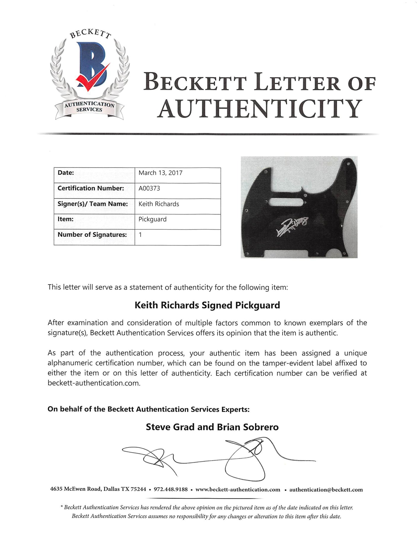 Keith Richards The Rolling Stones Signed Butterscotch Fender Guitar BAS #A00373