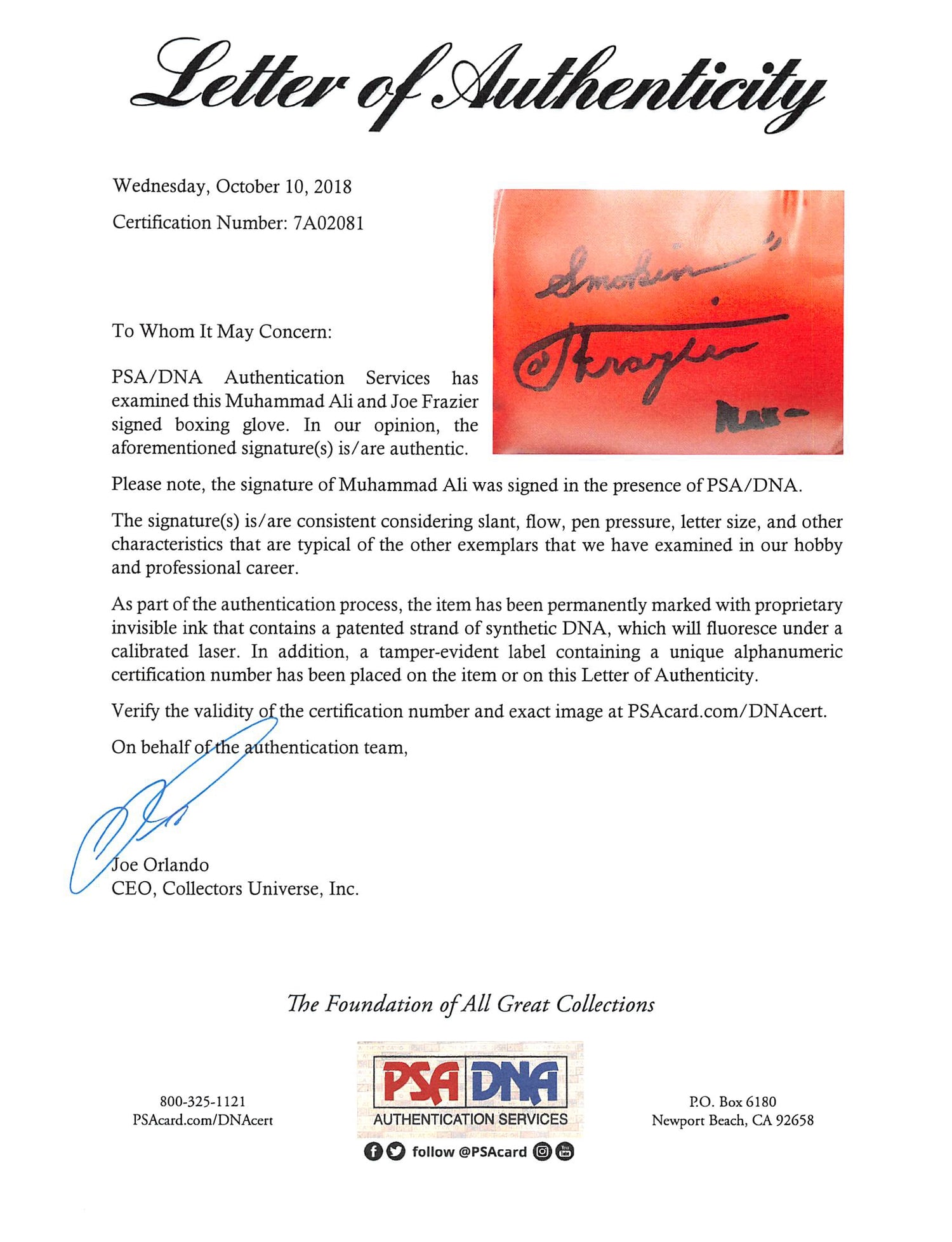 Muhammad Ali & Joe Frazier Signed Red Everlast Boxing Glove PSA/DNA #7A02081