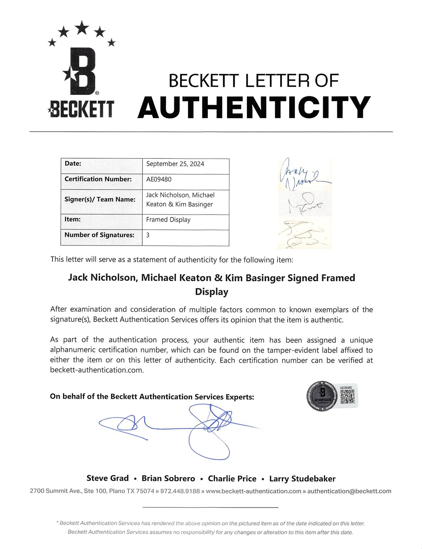 Batman (3) Nicholson, Keaton & Basinger Signed Framed Display BAS #AE09480