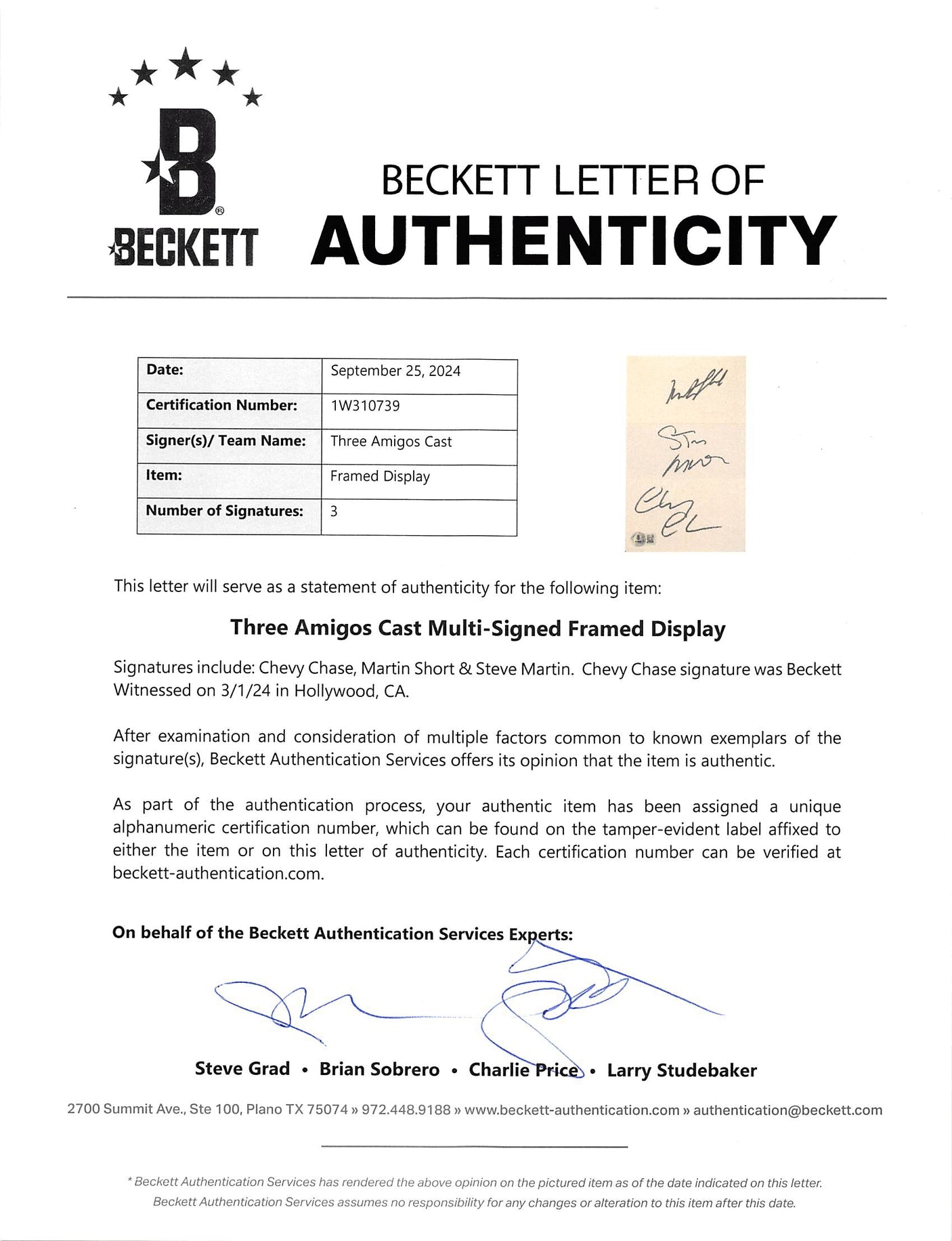 Three Amigos! (3) Chase, Martin & Short Signed Framed Display BAS #1W310739