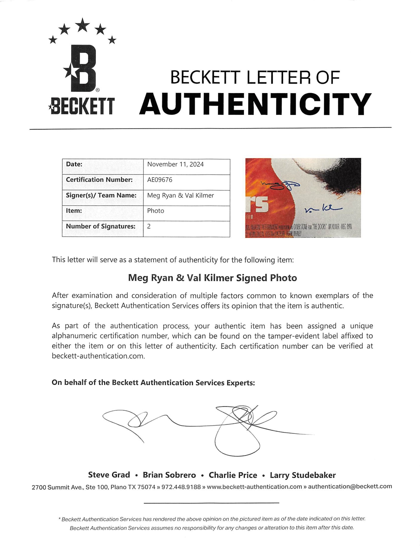 Val Kilmer & Meg Ryan The Doors Authentic Signed Framed 16x24 Photo BAS #AE09676