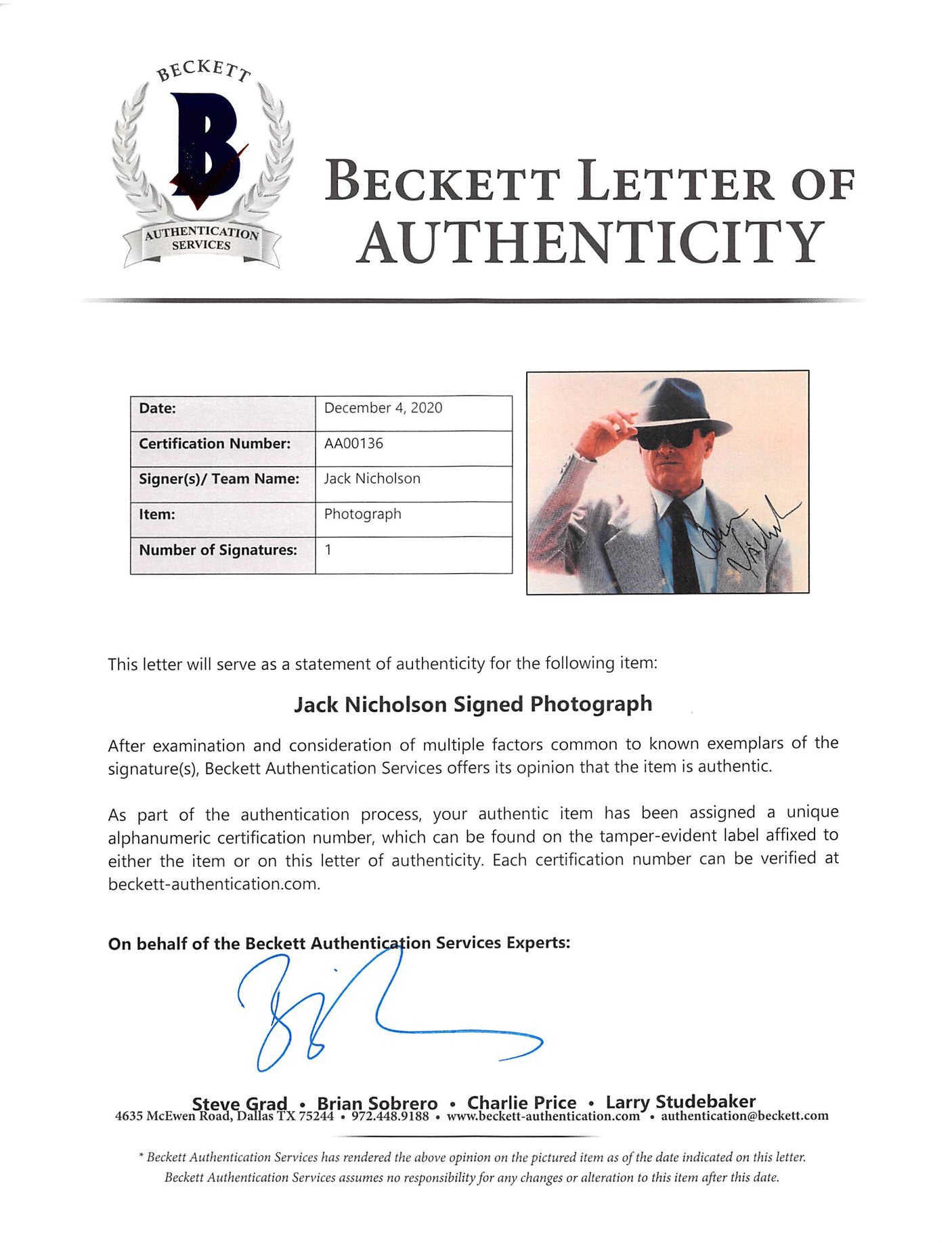 Jack Nicholson The Two Jakes Authentic Signed 8x10 Photo BAS #AA00136