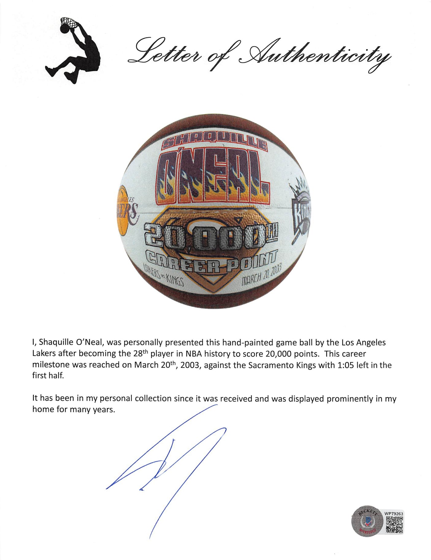 Shaquille O'Neal Game Used 20,000 Career Pts Scored Game Spalding NBA Basketball