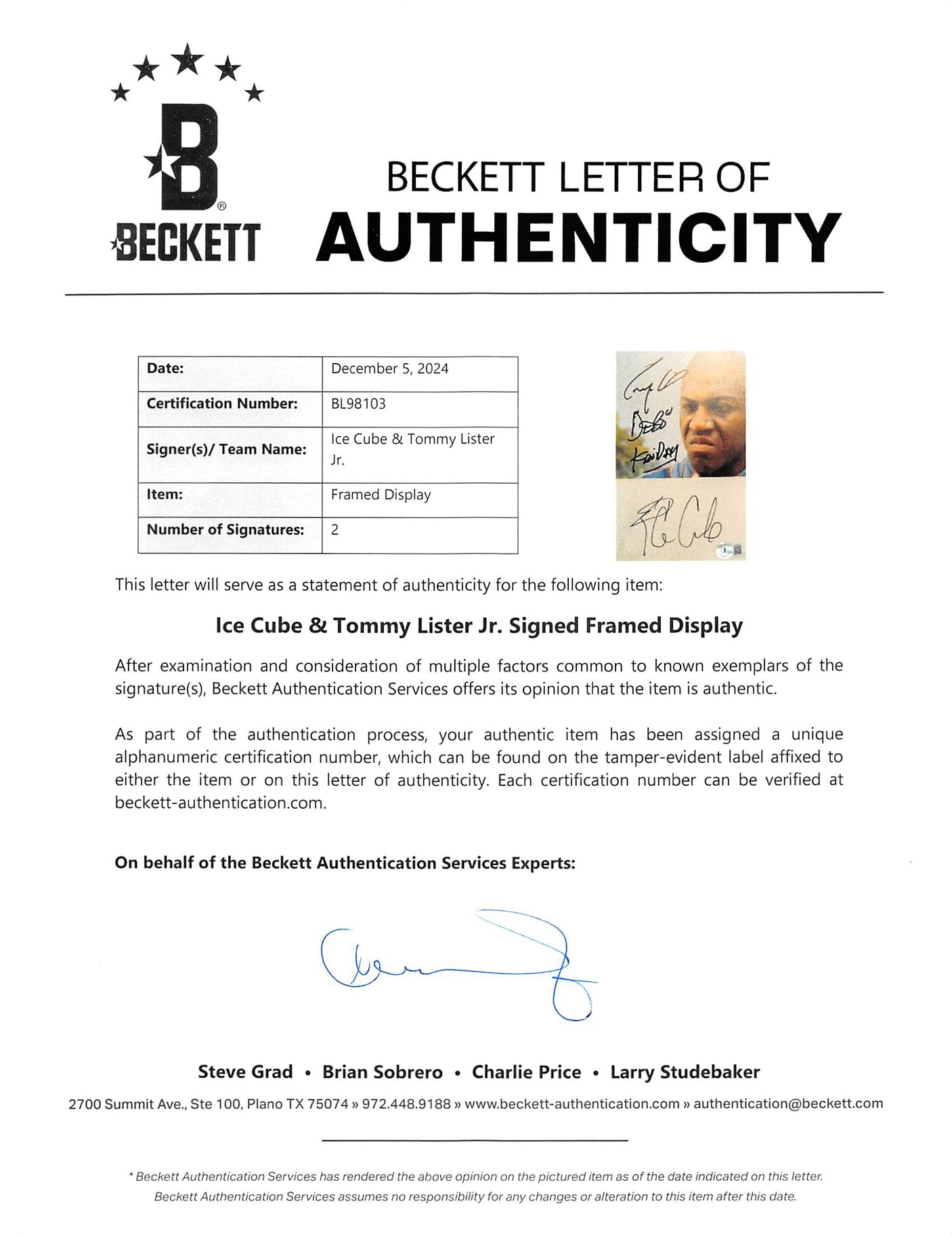 Ice Cube & Tommy Lister Jr. Friday Authentic Signed Framed Display BAS #BL98103