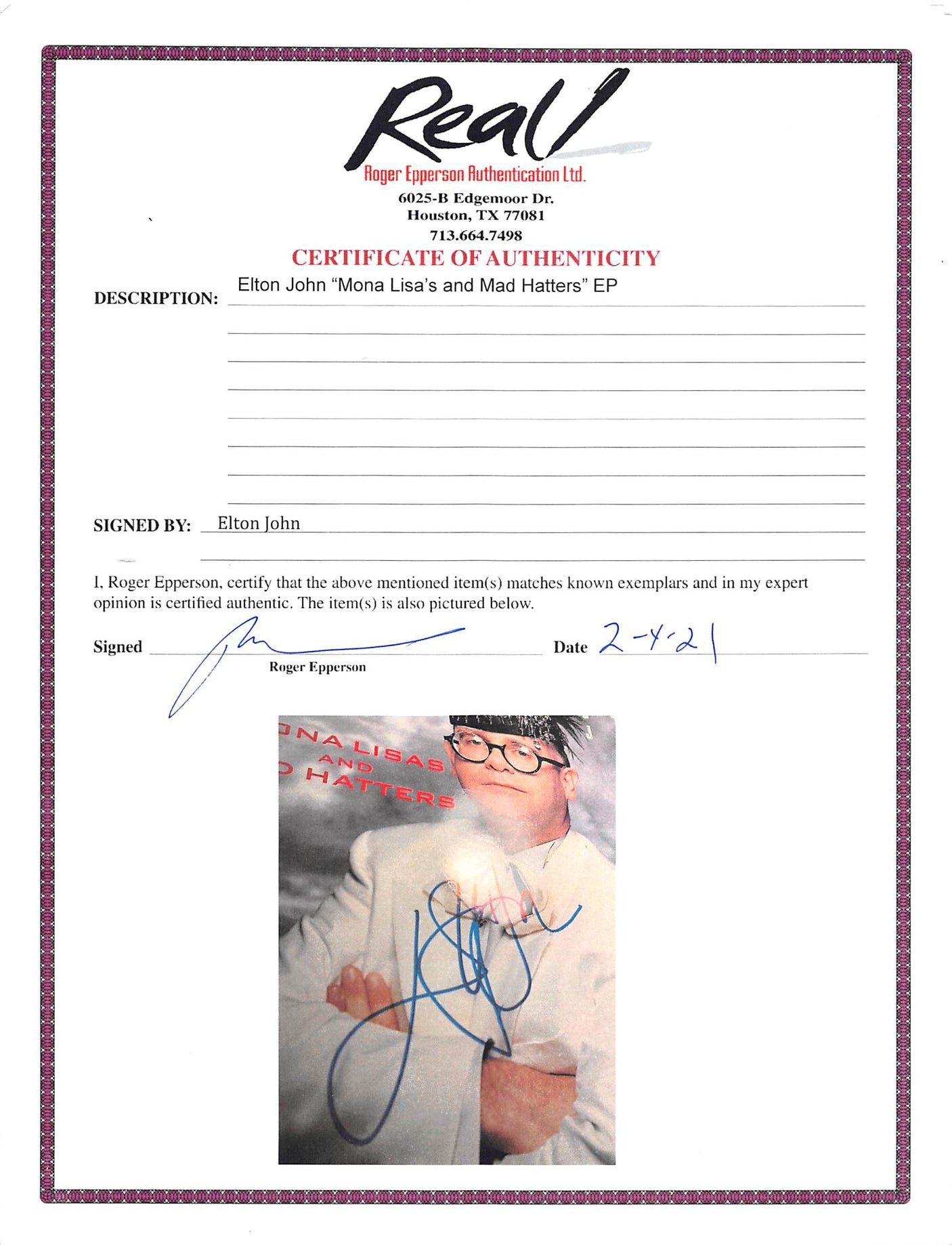 Elton John Signed Mona Lisas And Mad Hatters Album Cover W/ Vinyl BAS #AE09858