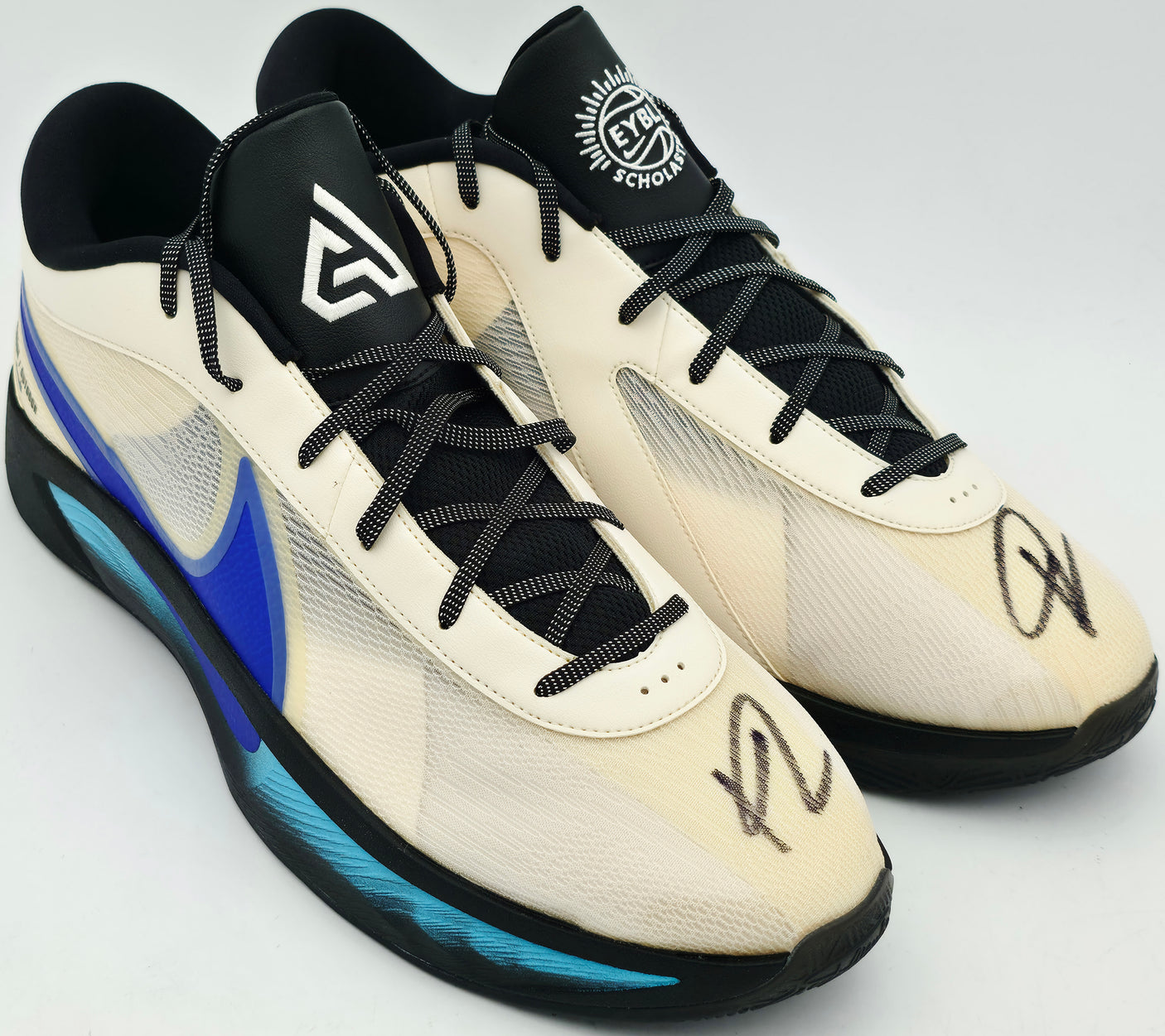 Giannis Antetokounmpo Autographed 2024 Player Exclusive (PE) Promo Pale Ivory & Racer Blue Nike Zoom Freak 6 Indoor/Outdoor Shoes Milwaukee Bucks Size 17 (No Box) Beckett BAS Witness #3W395083 #3W395084