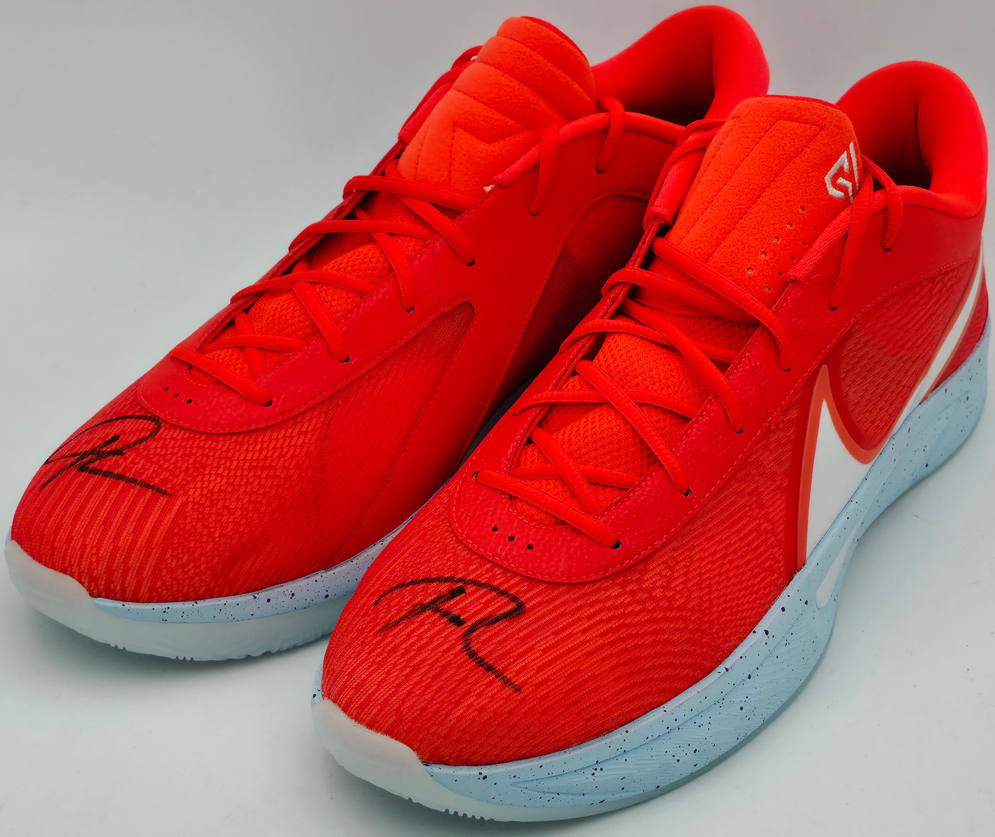 Giannis Antetokounmpo Autographed 2024 Player Exclusive (PE) Promo Bright Crimson, White & Glacier Nike Zoom Freak 6 SOS P Shoes Milwaukee Bucks Size 17 (No Box) Beckett BAS Witness #3W396865 & #3W396866