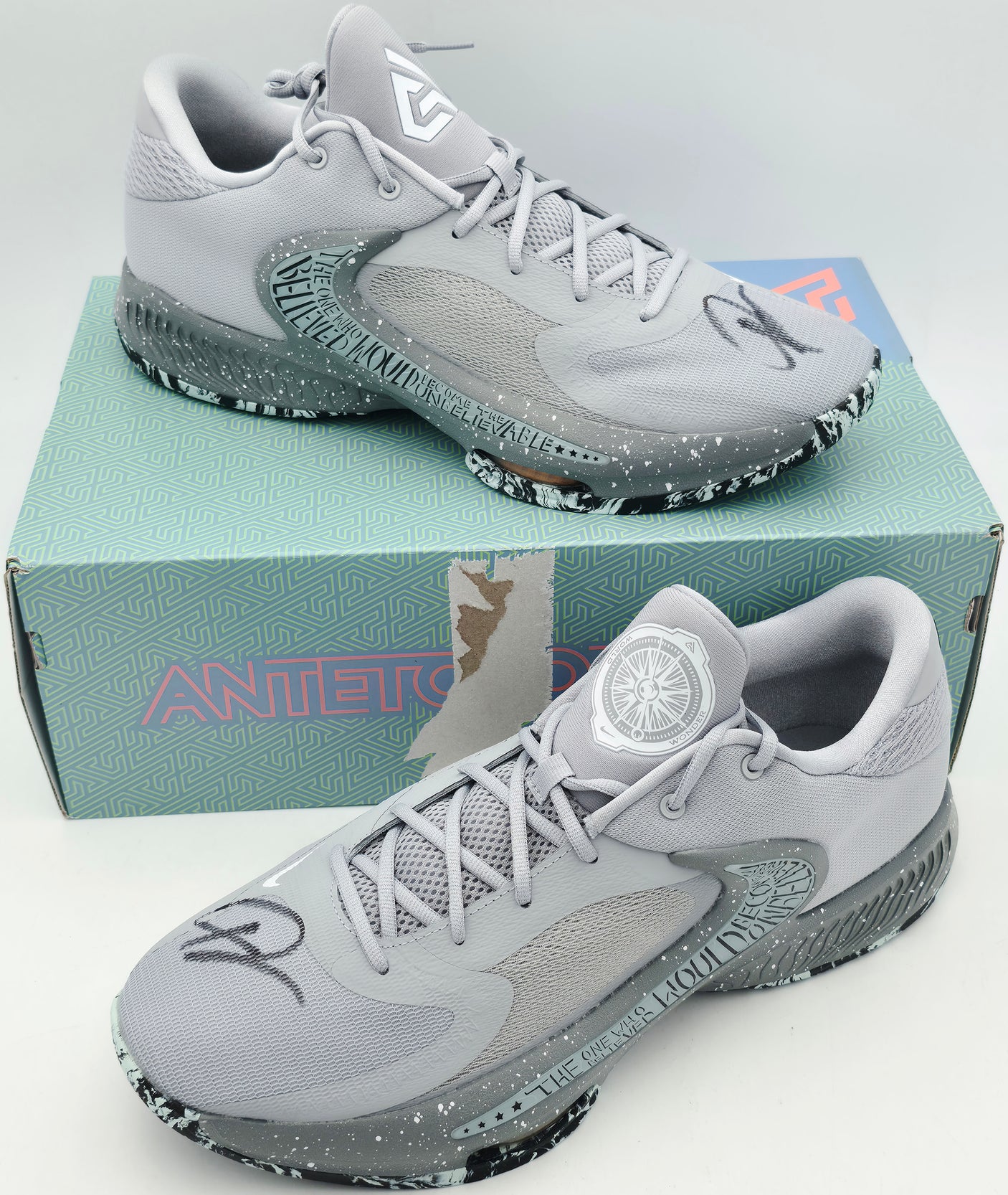 Giannis Antetokounmpo Autographed Grey Nike ZOOM FREAK 4 Shoes Milwaukee Bucks Size 16 (With Box) Beckett BAS Witness #3W396598 & #3W396599