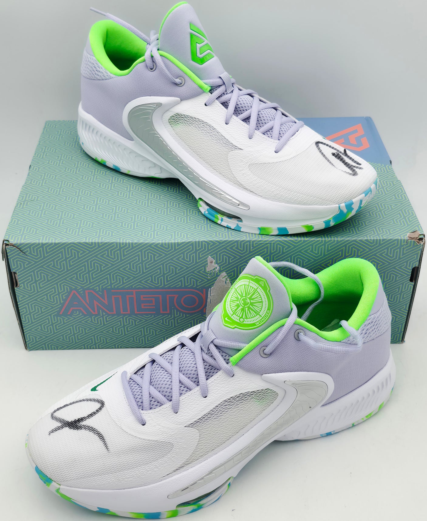 Giannis Antetokounmpo Autographed Green, White & Grey Nike ZOOM FREAK 4 Shoes Milwaukee Bucks Size 16 (With Box) Beckett BAS Witness #3W396746 & #3W396747