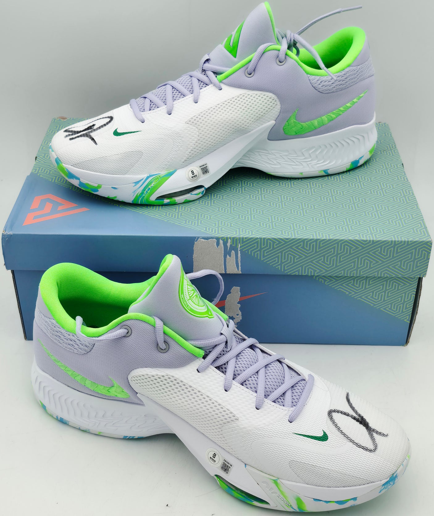 Giannis Antetokounmpo Autographed Green, White & Grey Nike ZOOM FREAK 4 Shoes Milwaukee Bucks Size 16 (With Box) Beckett BAS Witness #3W396746 & #3W396747