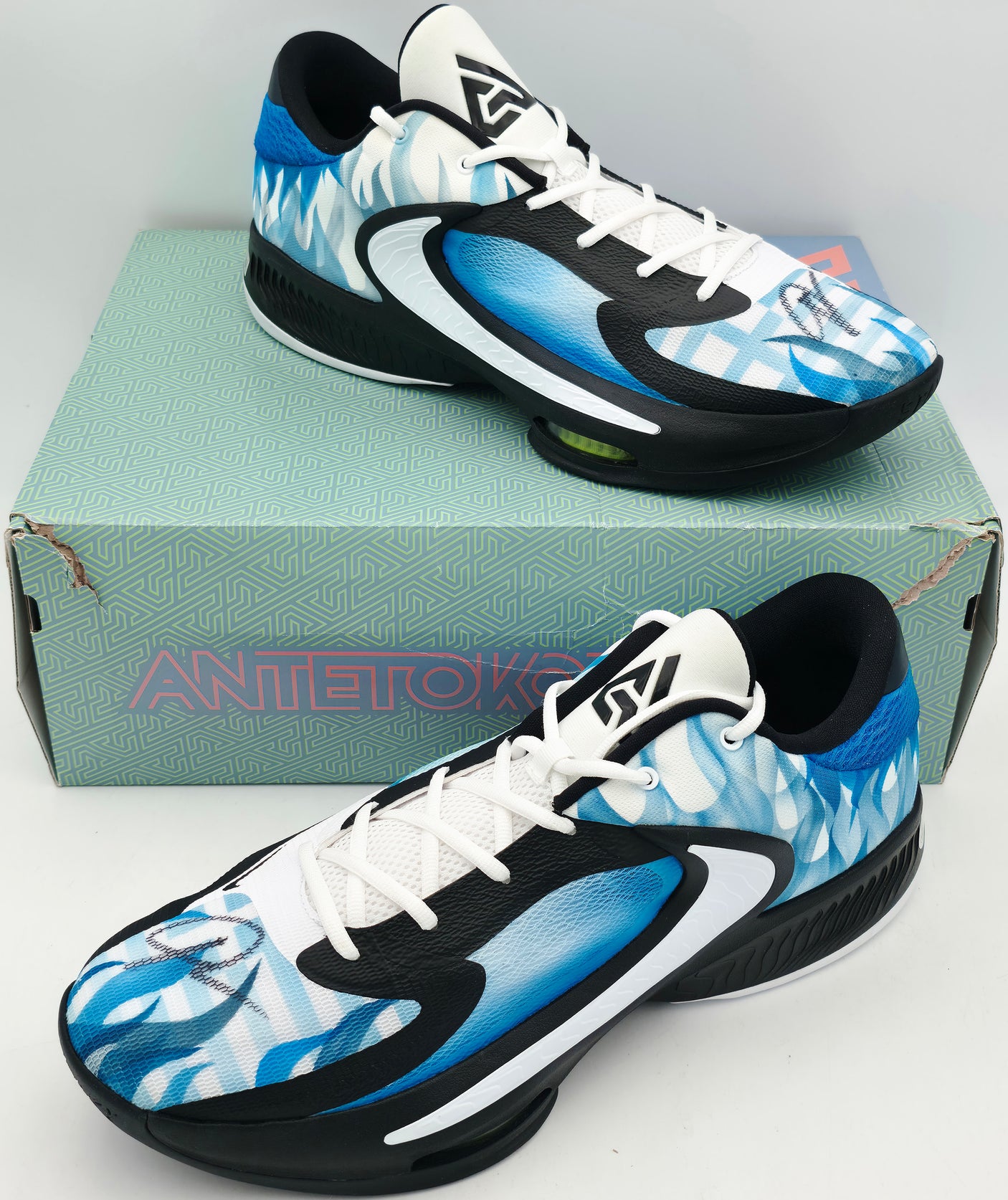Giannis Antetokounmpo Autographed Photo Blue, Black & White Nike ZOOM FREAK 4 Shoes Milwaukee Bucks Size 17 (With Box) Beckett BAS Witness #3W396716 & #3W396717