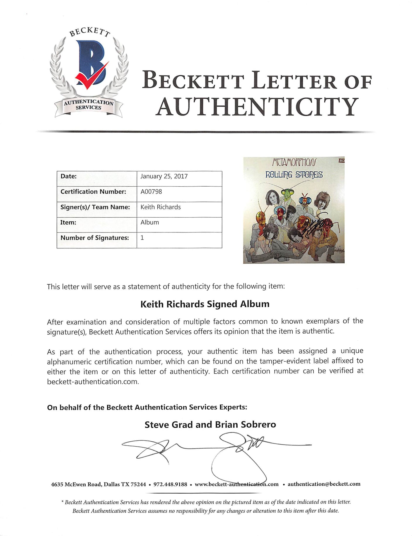 Keith Richards The Rolling Stones Signed Metamorphosis Album Cover BAS #A00798