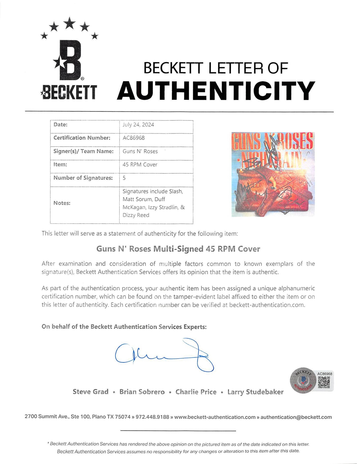 Guns N' Roses (5) Slash, McKagan +3 Signed 45 Album Cover W/ Vinyl BAS #AC86968