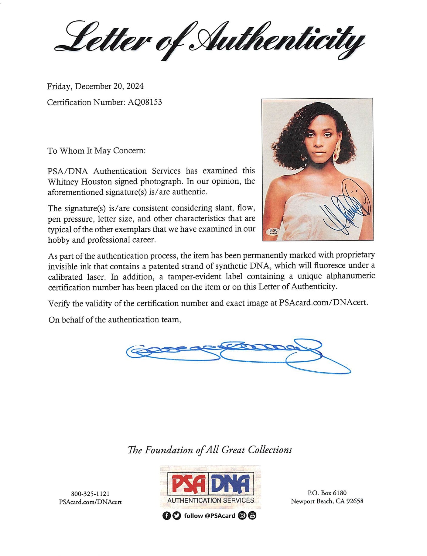 Whitney Houston The Bodyguard Authentic Signed 8x10 Framed Photo PSA #AQ08153